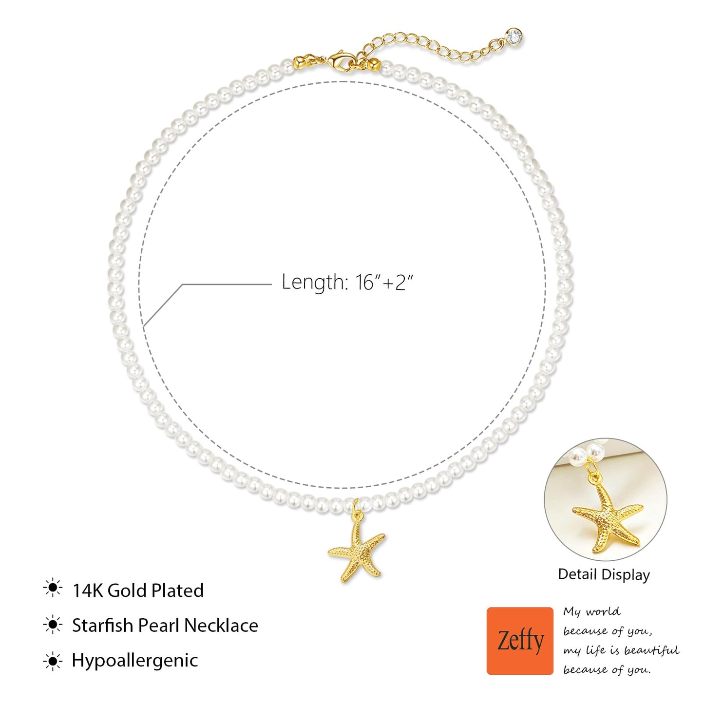 Zeffy Starfish Pearl Necklace for Women, 4MM Dainty Pearl Choker Necklace Summer Beach Jewelry Wedding Simple Bridesmaid Jewelry Gifts