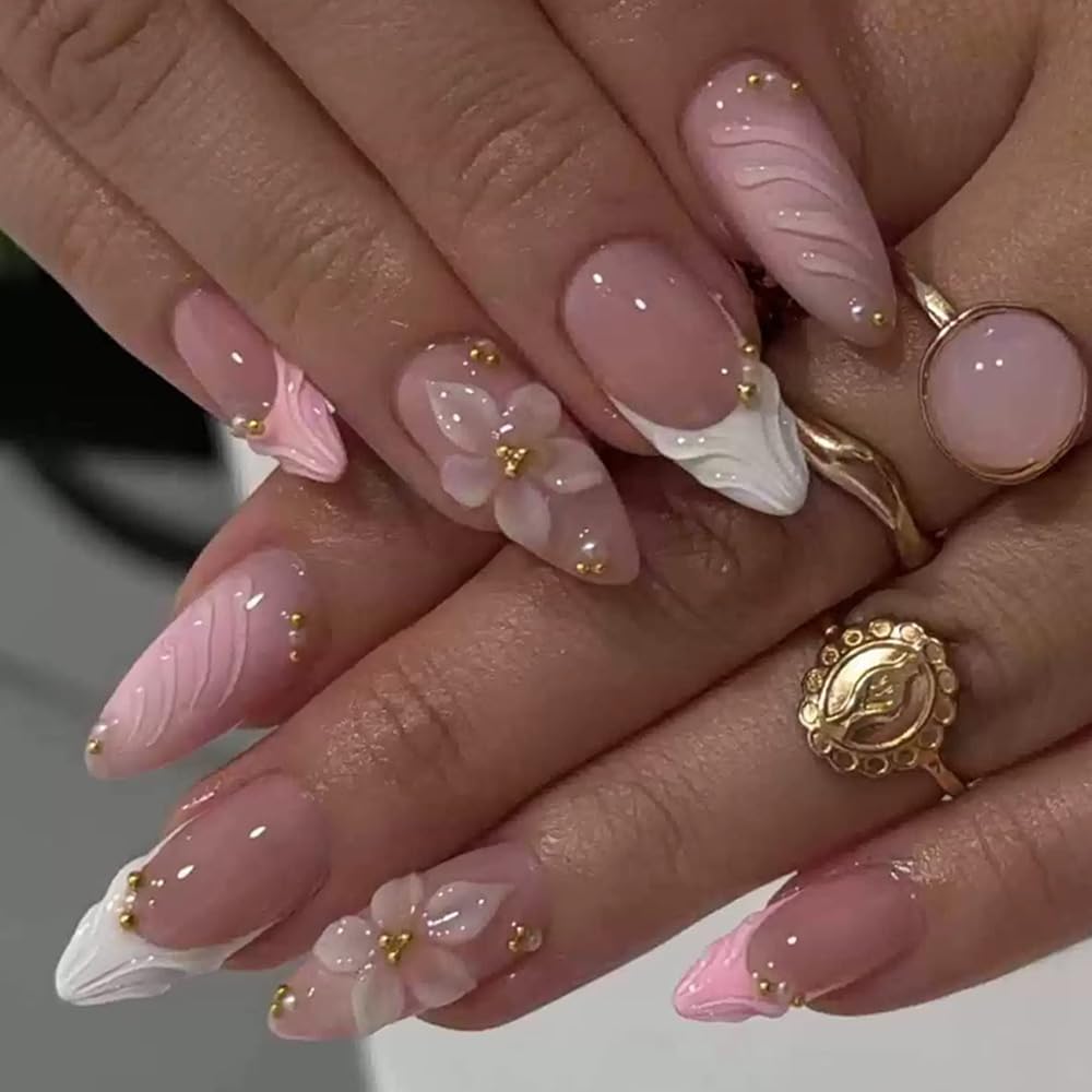FJSMTOPl Flower Press on Nails Pink Fake Nails Mudium Almond False Nails Press ons with 3D Floral Design Stick on Nails Spring Handmade Acrylic Glue on Nails for Women Manicure 24Pcs