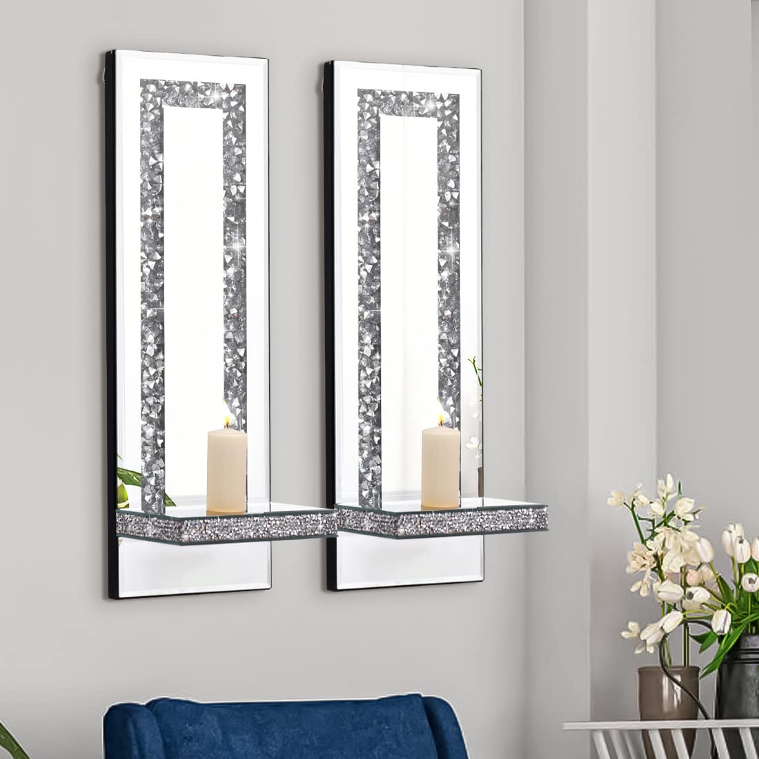Aeveco Crystal Crush Diamond Mirrored Candle Sconces, Silver Wall Candle Holder Set of 2, Wall Decorations for Living Room，Dining Room (Rectangle Stripe (Style 4))