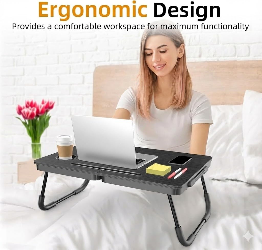 BUYIFY Foldable Laptop Bed Desk for Couch, Sofa - Large Lap Desk Tray Table with Cup Holder and Tablet Slot - Portable Notebook Stand for Eating, Writing, Studying and WFH (Black)- USA Original Patent