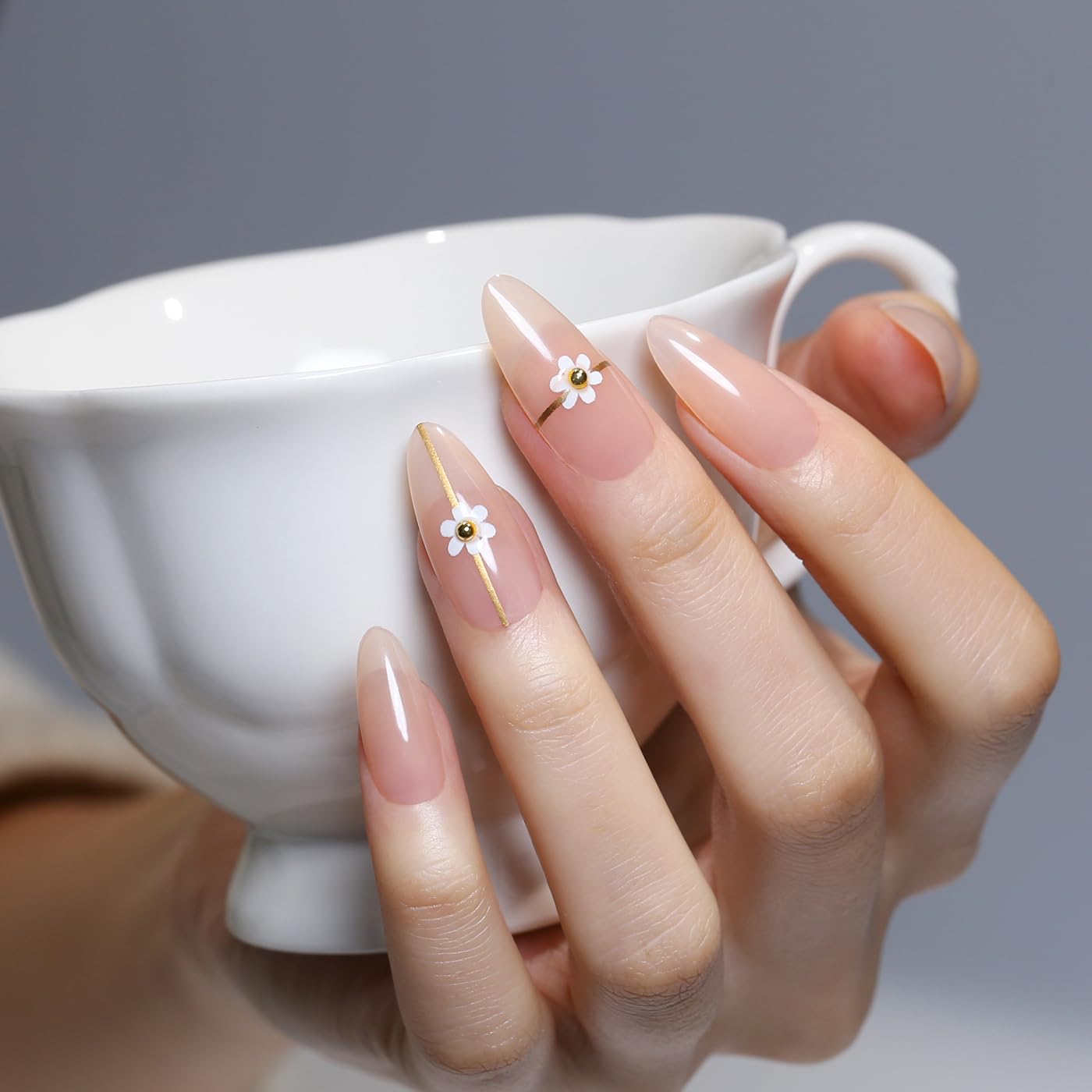 Goolich Milky Nude Press On Nails Medium Almond, Sheer Nude with Bead Floral Neutral Nails Press ons Set with Adhesive Tabs, 24 Pcs 12 Size Reusable Full Cover Glue on Nails for Women
