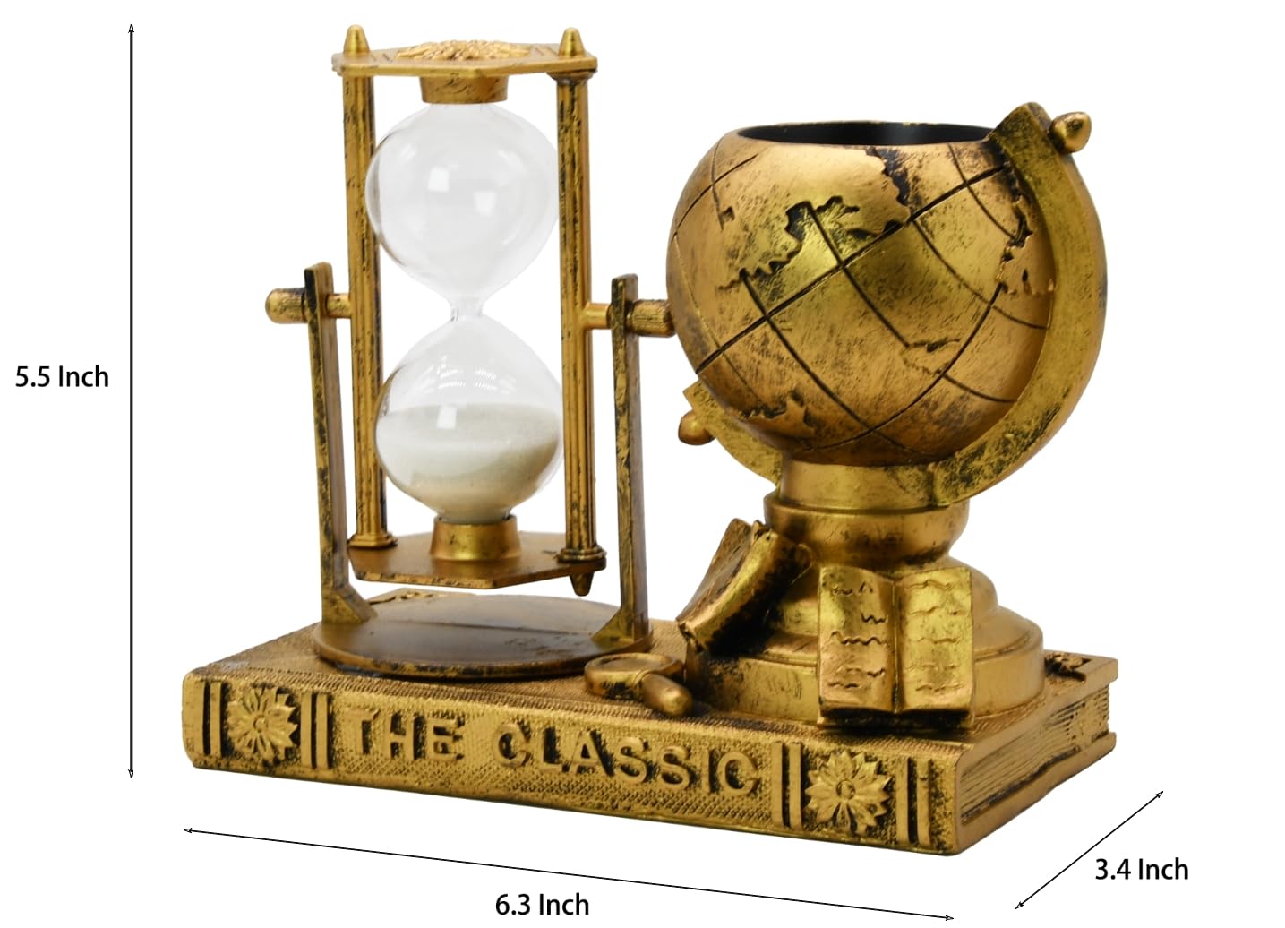 Globe-Themed Pencil Holder with Hourglass, Resin Desktop Organizer for Office & Study, Pen Holder with Sand Timer, Classic Globe Addition Scissors Storage, Artistic Gift for Travel Lovers