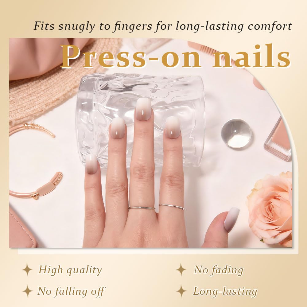 evpct Coffee Cream White Ombre Press on Nails Short Square, Short Square Glossy Stick on Nails for Women Gift with Manicure Kit, Reusable Soft Stick on Acrylic Fake Nail Press ons with Ombre Designs