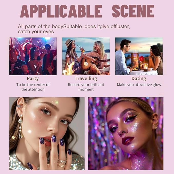Champagne Highlighter Spray, Professional Shiny Glitter Spray for Eyeshadow Face and Body Luminizers, Loose Shimmer Powder Makeup Mist for Women Kid Rave Outfits Festival Accessories