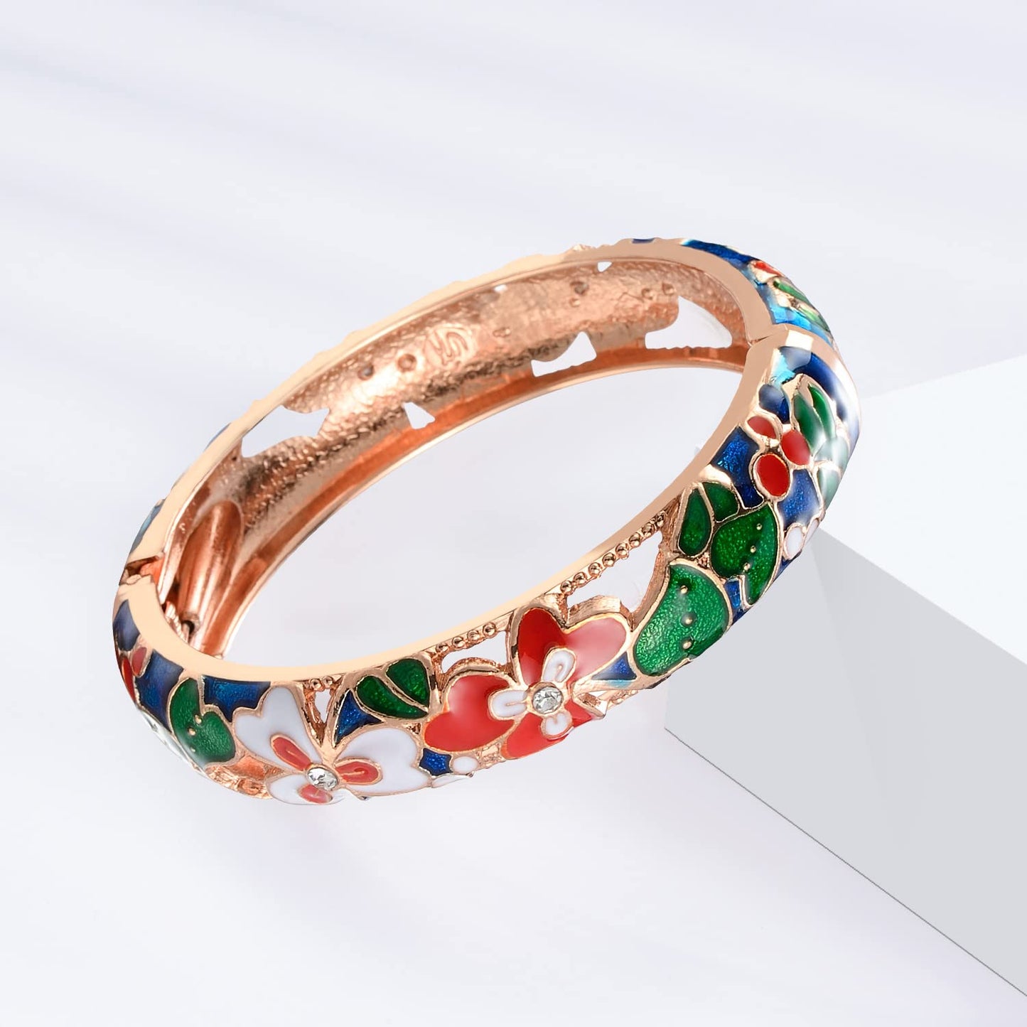 UJOY Fashion Cloisonne Bracelets Plated Leaf Filigree Enameled Womens Gifts Bangles Spring Hinged 88A22 Navy Blue