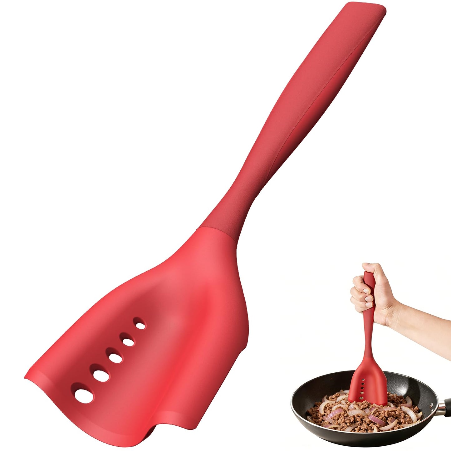 Mincing Spatula Meat Chopper, Hamburger Grinder, Premium Heat Resistant Smasher for Ground Beef, Potato Mix Tool, Meat & Poultry Tenderizers-Red