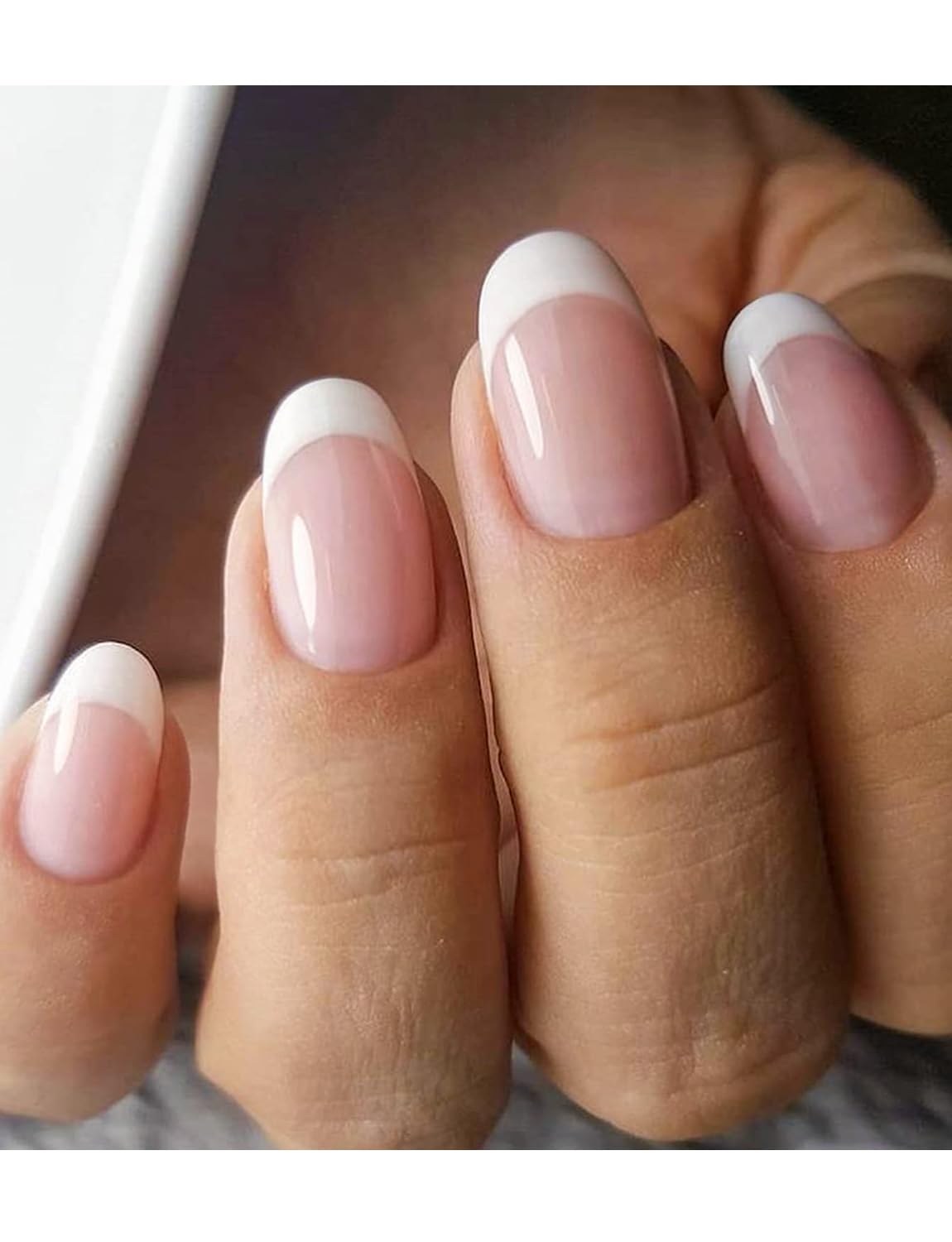 Semi Cured Gel Nail Strips, Classic French, Nude Base 20pcs Gel Nails Sticker for Home Nails DIY