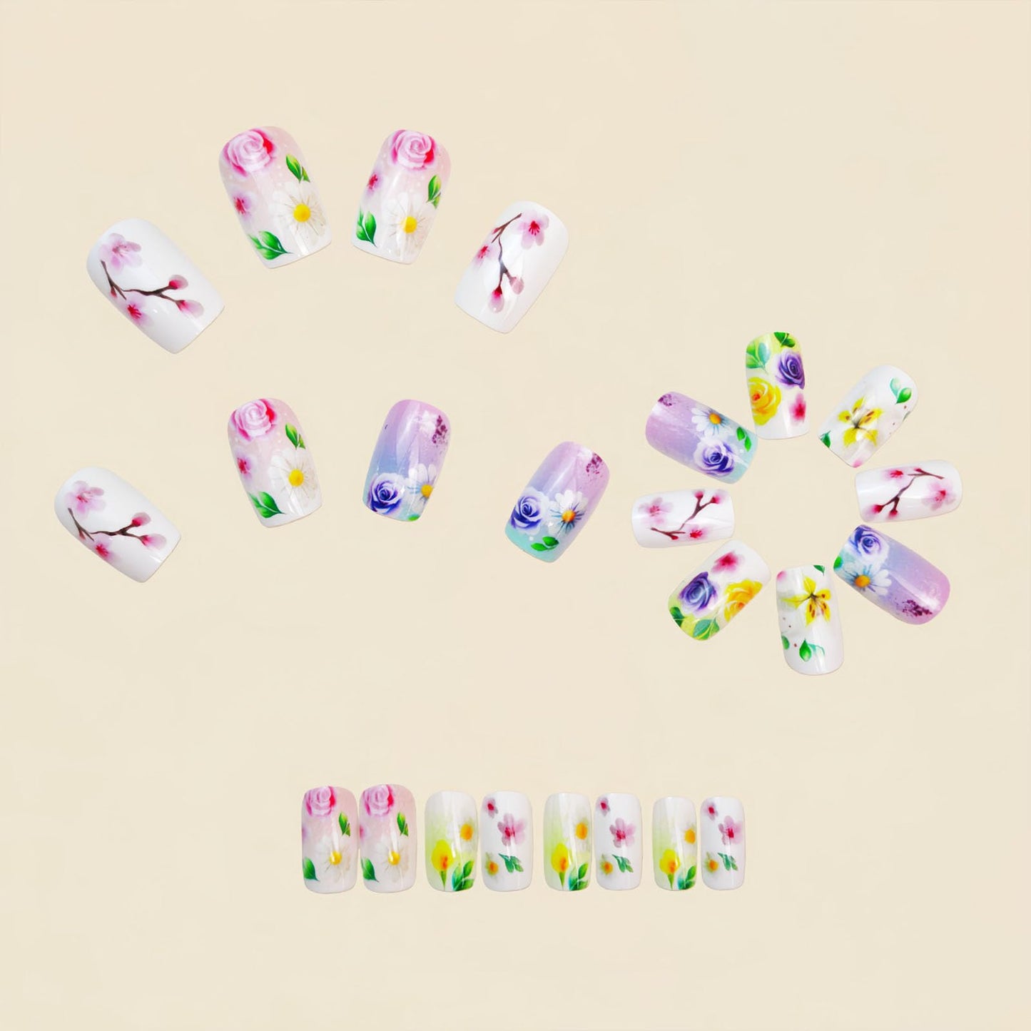 Square Press on Nails Medium Fake Nails with Purple White Yellow Pink Flower Green Leaves Designs Glossy Glue on Nails Gradient Nails Press ons Acrylic Artificial Stick on Nails for Women 24Pcs