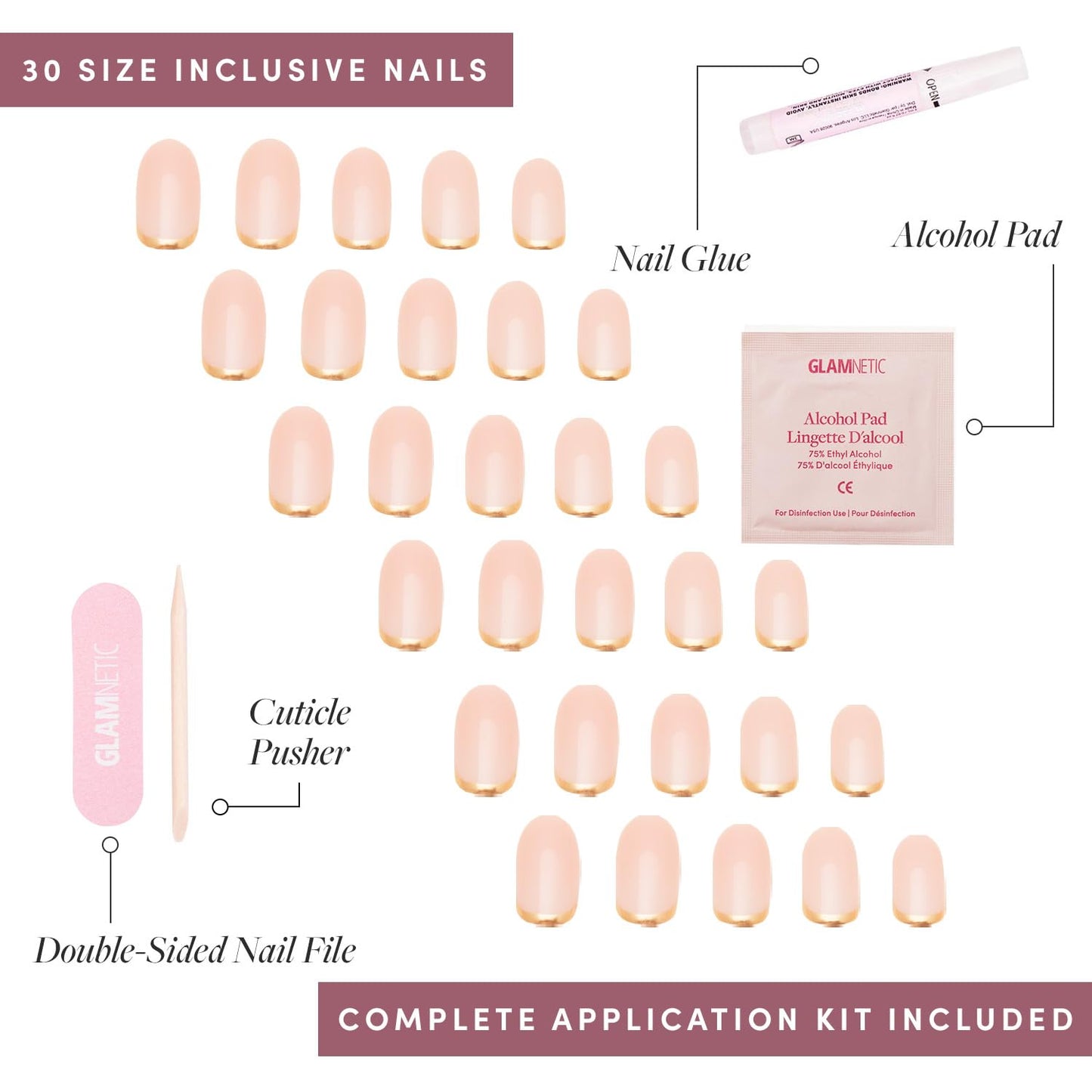 Glamnetic Press-On Nails Bundle - Fairy Dust, La Perle, Goal Digger| Beige-Pink Oval | Squoval White French Tips | Glossy, Semi-Transparent Short Round | Reusable Nail Kits