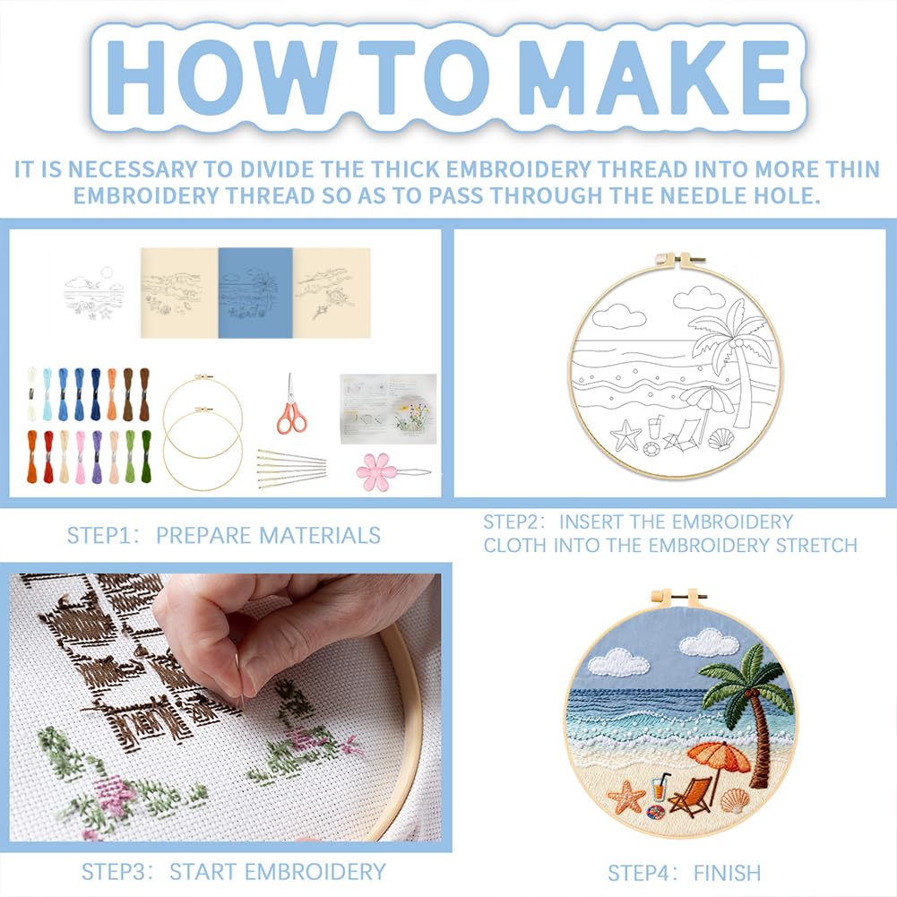 FREEBLOSS 4 Set Embroidery Kit for Beginners Adult Beach Stamped Embroidery Starter Kit with Instructions Needlepoint Accessories and Supplies for Craft Lover Hand Stitch, 2 Hoops 11.6"/29.5cm