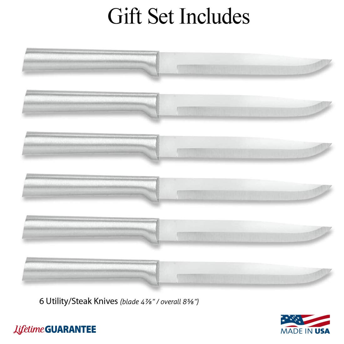 Rada Cutlery Six Utility/Steak Knives Gift Set (S06), 6-Piece Knife Set with Quick Edge Sharpener (R119), Stainless Steel Blades, Silver Handle