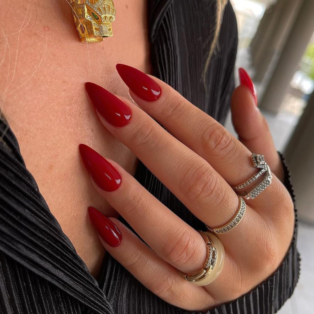 KQueenest Red Press on Nails Medium Almond&Warm Red Press on Nails Medium Long Square For Beach Party Daily Decoration in 48 PCS