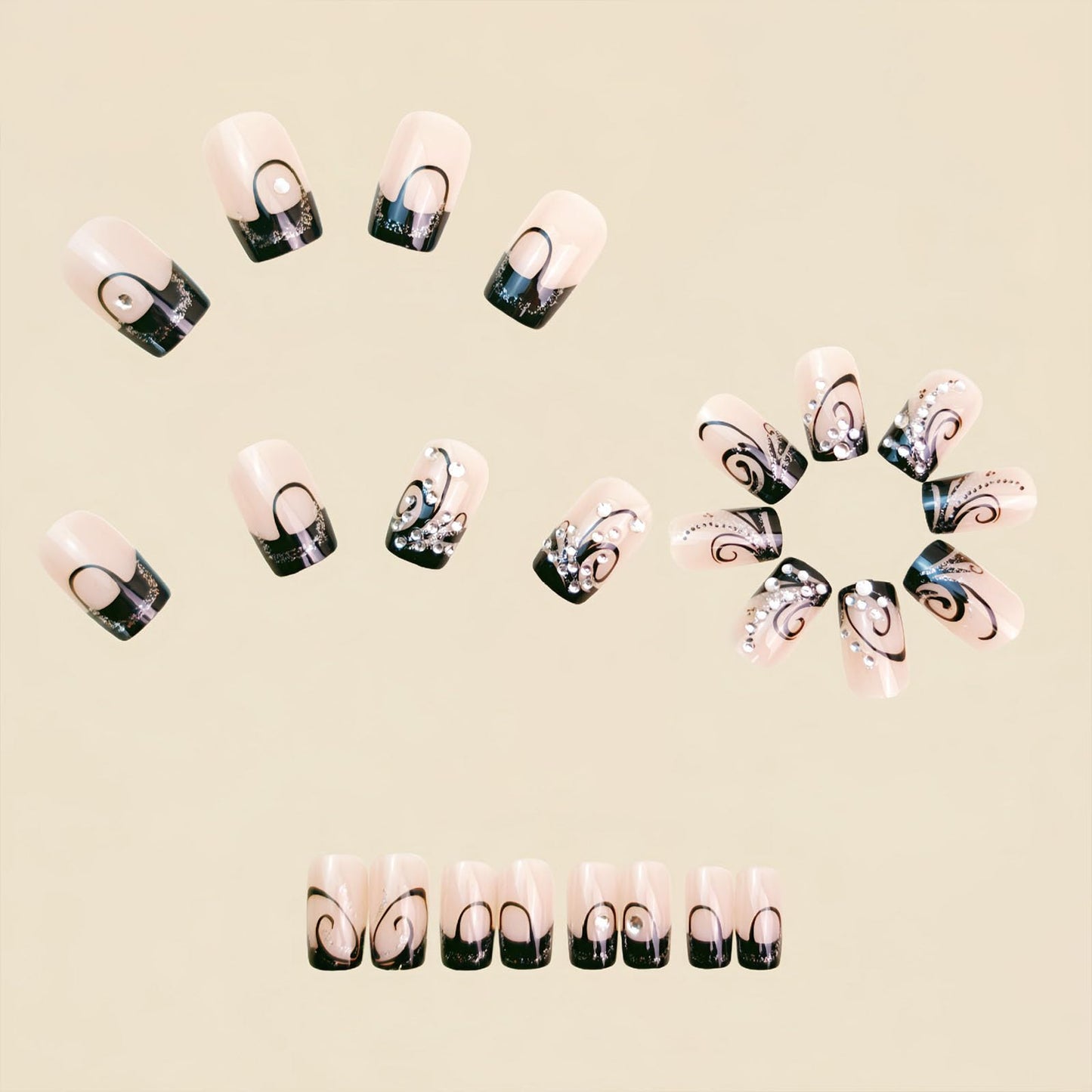 Square Press on Nails Medium Fake Nails with Black Lines Rhinestones Designs Glossy Nails Press ons Nude Glue on Nails Acrylic Nails Artificial Stick on Nails for Women 24Pcs