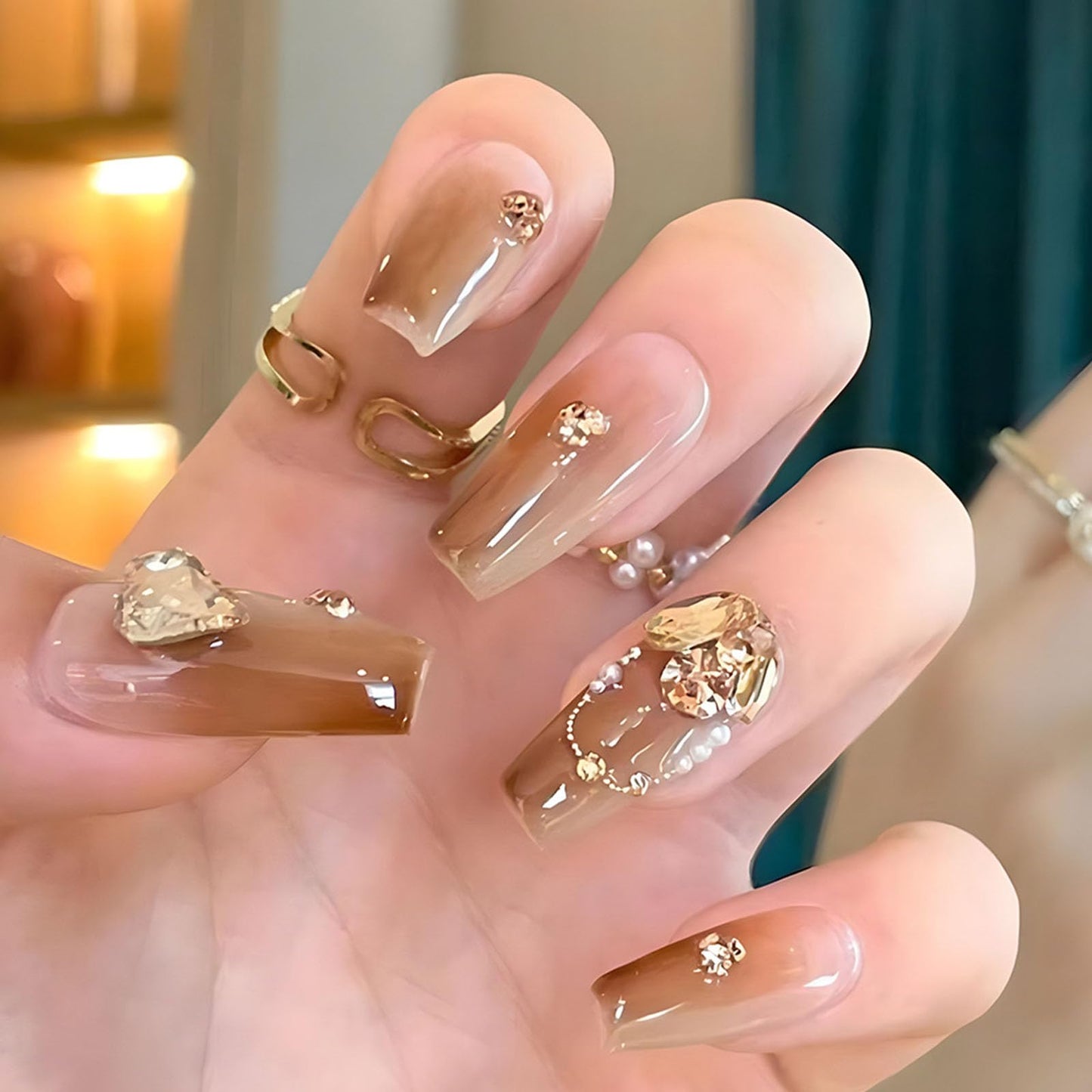 Medium Press on Nails Coffin Fake Nails with 3D Rhinestones Pearl Charms Designs Brown Nails Press ons Gradient False Nails for Women 24Pcs