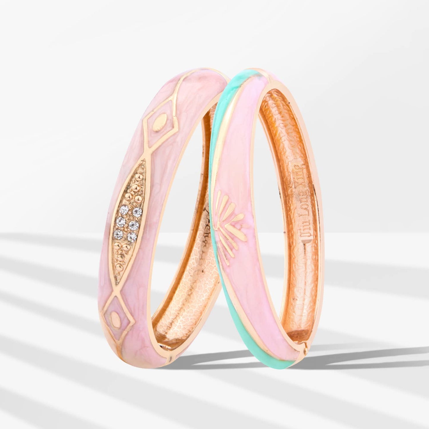 UJOY Cloisonne Crystal Bracelets Colorful Cloisonne Design Gold Plated Hinge Enamel Bangle Jewelry for Women 88C01 Pink Green