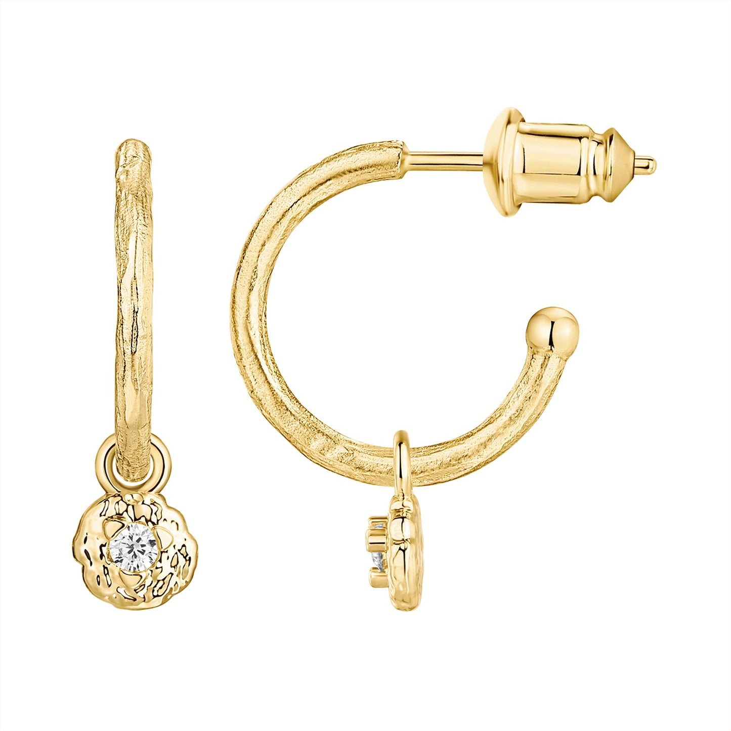 PAVOI 14K Yellow Gold Plated 925 Sterling Silver Post Hammered Open Huggie hoop Earring With CZ Dangle | Womens PAVOI Earrings | Small Huggie Earring With Round Dangle