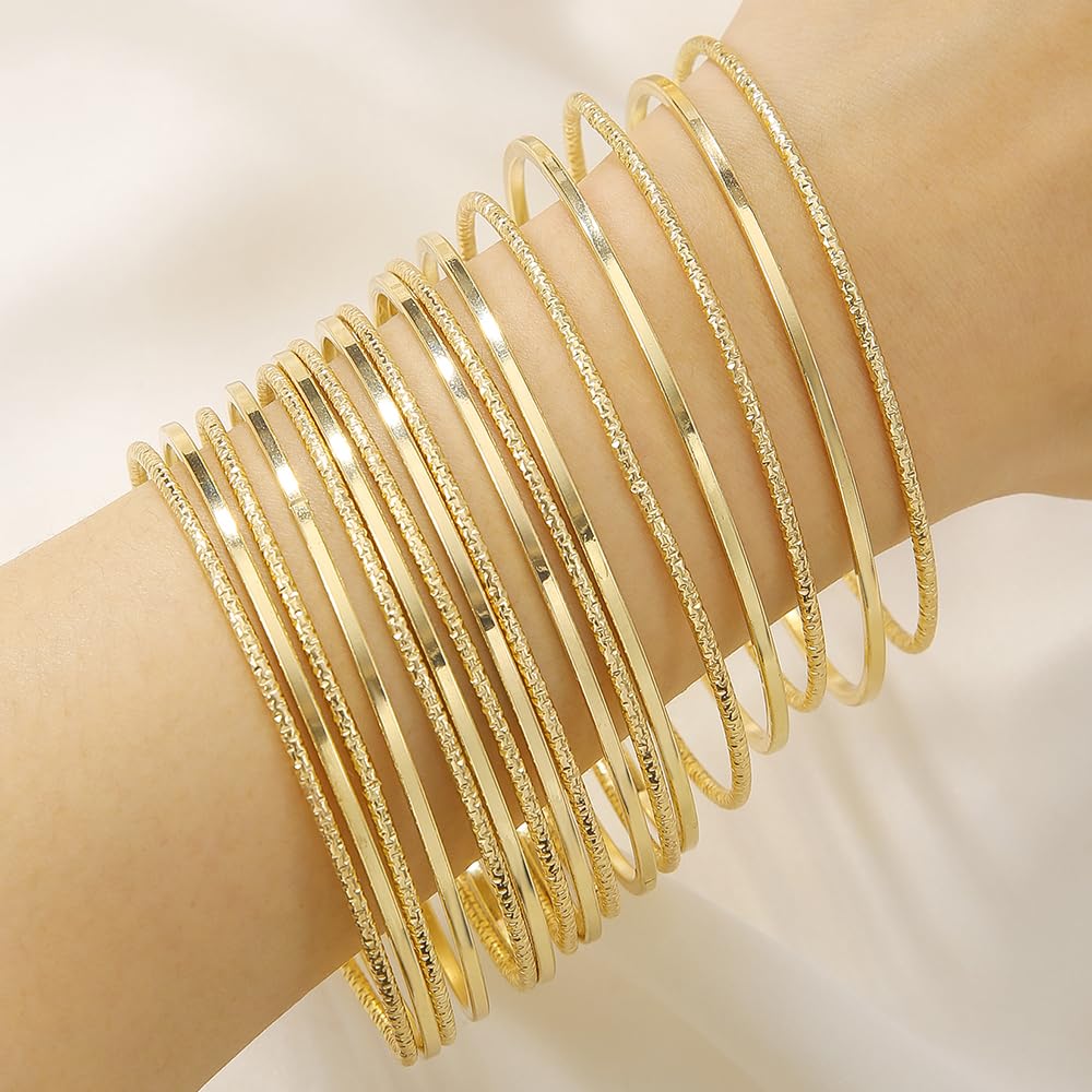 RINTOLER 17Pcs Silver Bangle Bracelets for Women - Multi Layer Stackable Textured Bracelets Boho Jewelrys Set. (P-Sets 17pc Silver)