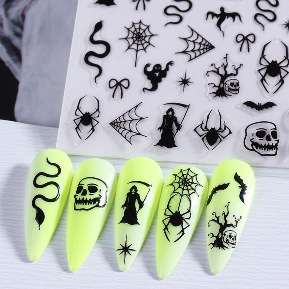 2 Sheets Halloween Nail Stickers Black Red Snake Nail Designs Self-Adhesive Spider Web Nail Decals Cute Bow Nail Art Stickers Skeleton Sticker Manicure Accessories for Women Girls DIY Acrylic Nails