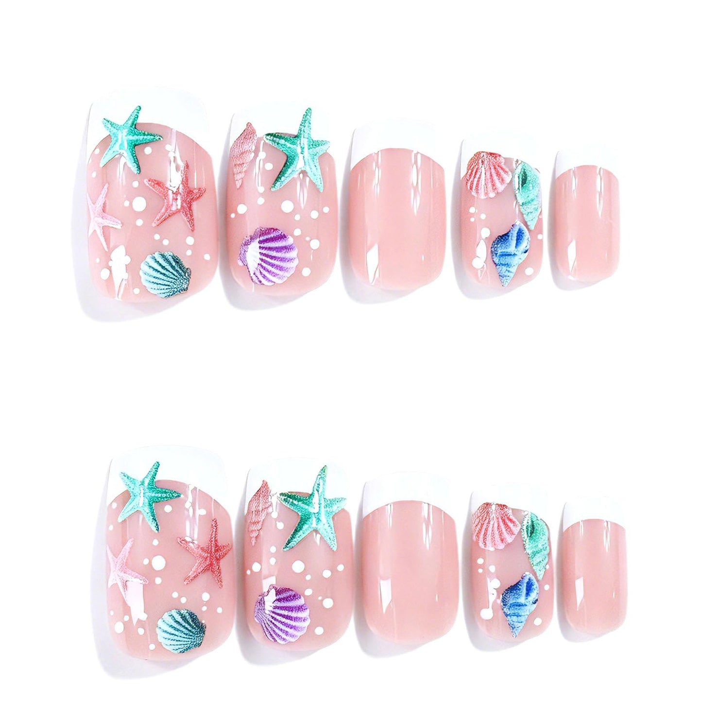 Summer Press on Nails Medium Square Fake Nails with Starfish Shell Dot Designs Glossy Nails Press ons White French Tip Glue on Nails Acrylic Artificial Stick on Nails for Women 24Pcs