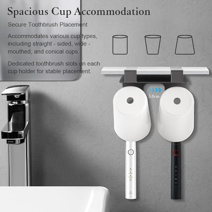 Mirror Cabinet Toothbrush Holder for Bathroom with 2/3/4 Cups & Drainage Design - Easy Installation, Space-Saving, Fits Boards ≤2cm Thick (2 Cup)