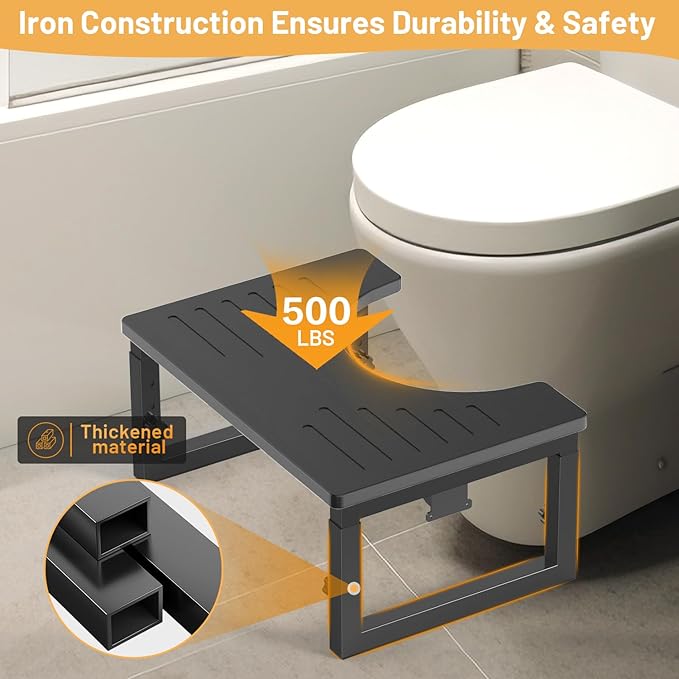 Bamboo Toilet Stool Squat Black, 7 in, 8 in & 9 in Adjustable Heights Pooping Stool for Bathroom Adults Kids, Sturdy Potty Stool with Non-Slip Layer, Improve Squatting Posture, 500 lbs Capacity