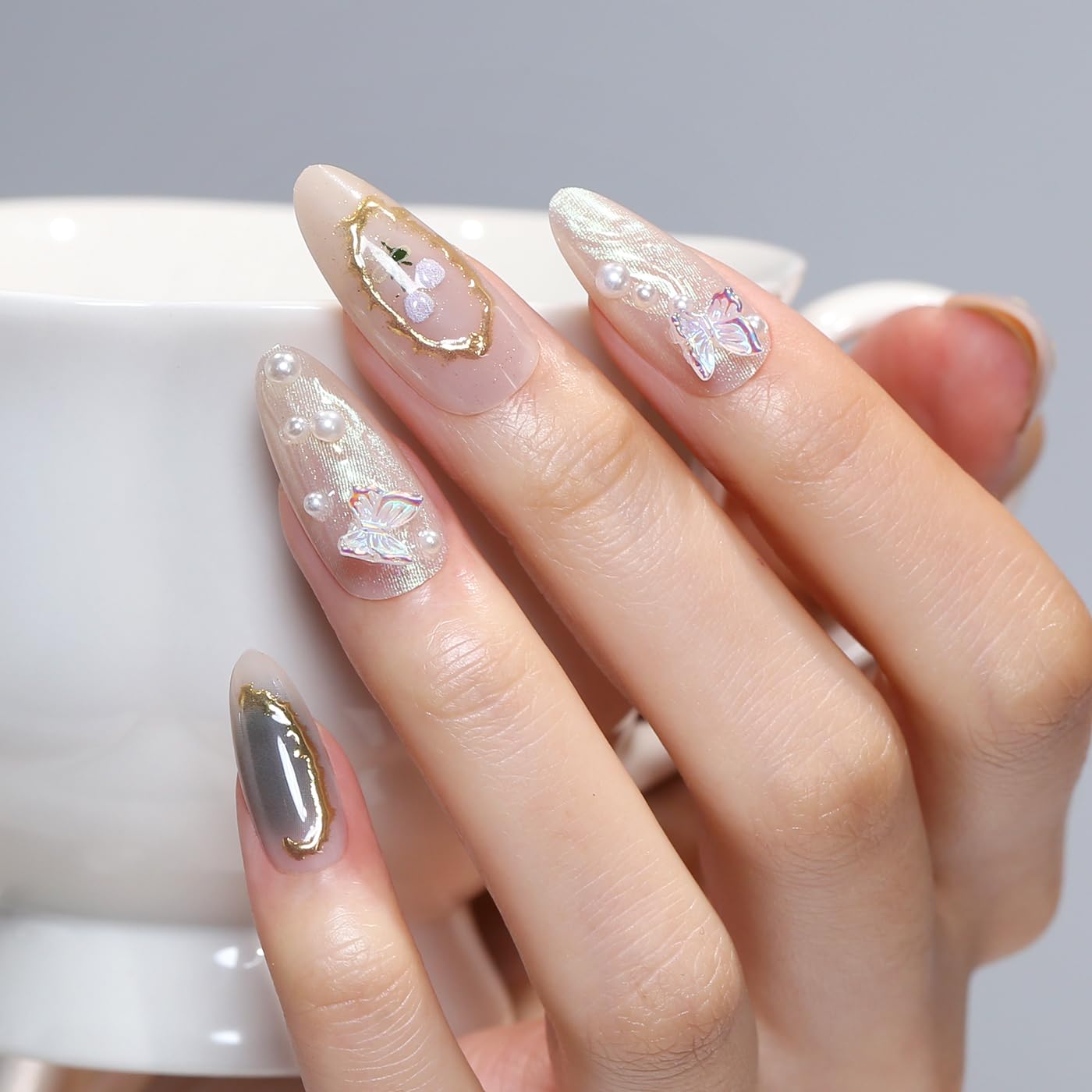 Goolich Medium Almond Chrome Gold Line Press On Nails, 3D Bead Butterfly Charms Decoration Nails Press ons Set with Adhesive Tabs, 24 Pcs 12 Size Reusable Full Cover Glue on Nails for Women