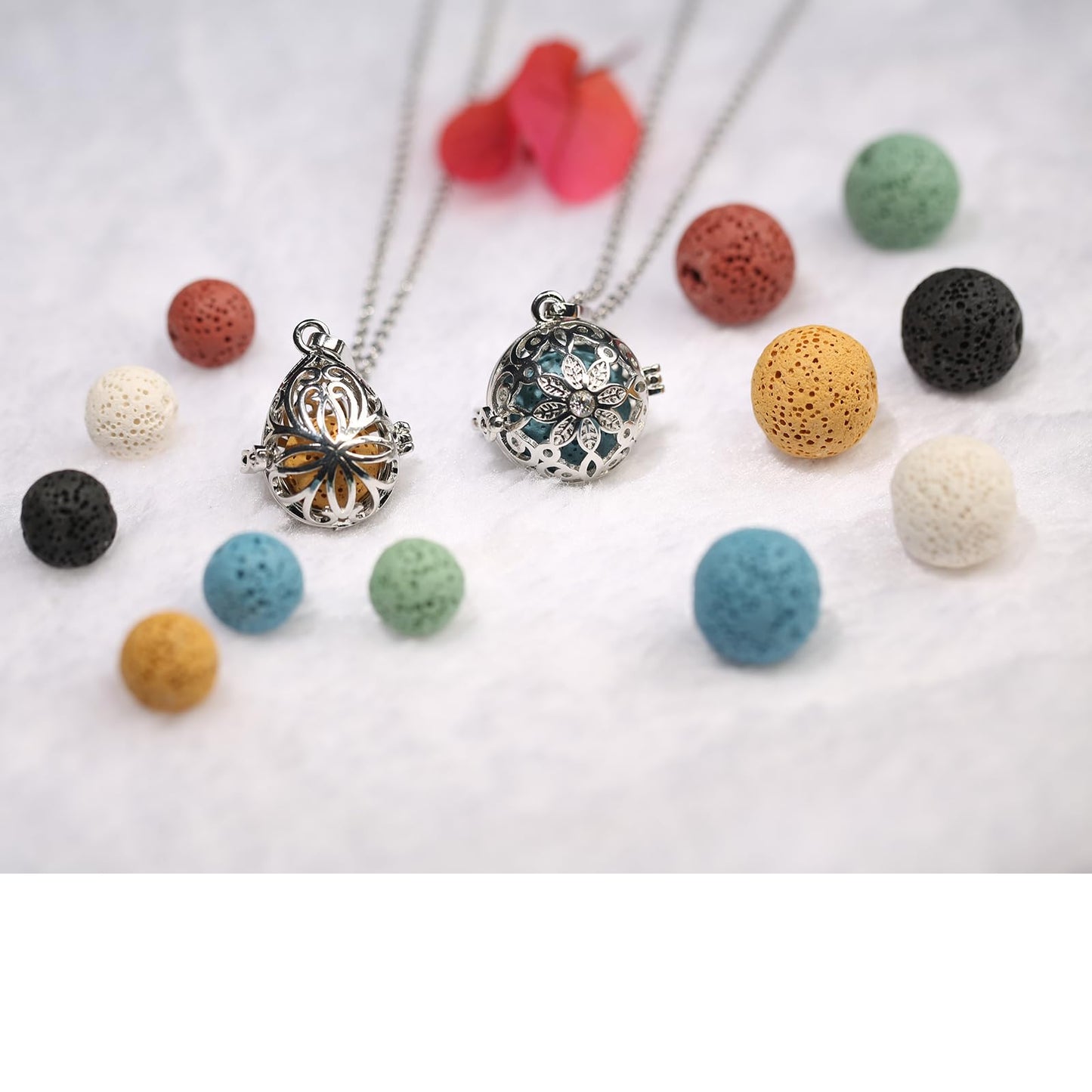 2 PCS Aromatherapy Essential Oil Diffuser Necklace Hollow Ball and Colored Lava Stone Pendant Necklace for Women