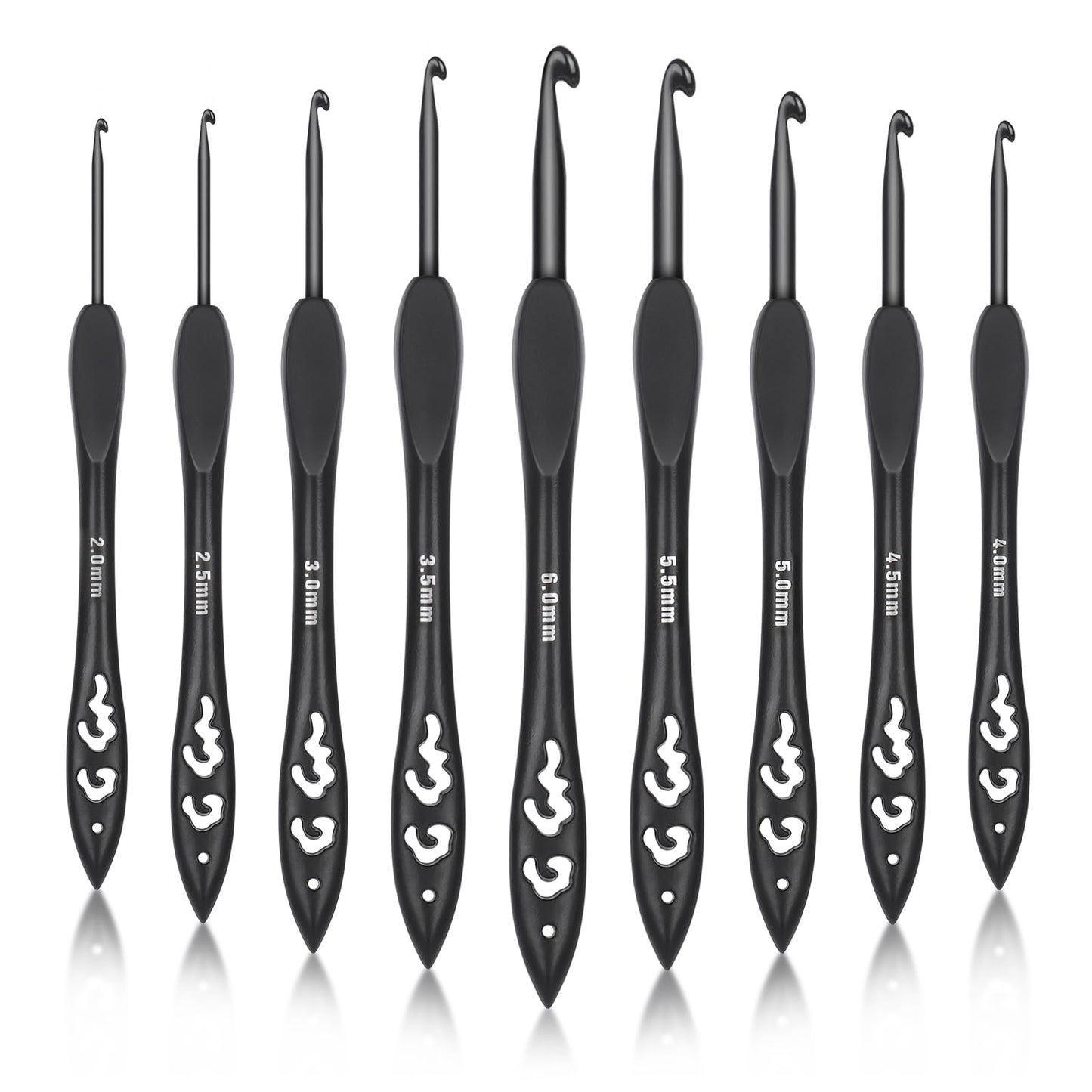 Katech 9 Sizes Crochet Hooks, Ergonomic Soft Grip Aluminum Crochet Hook Set, Black Plastic Crochet Needles for Arthritic Hands Beginners Kids Adults Ideal Crochet Lovers Gift 2.0mm(B)-6.0mm(J)