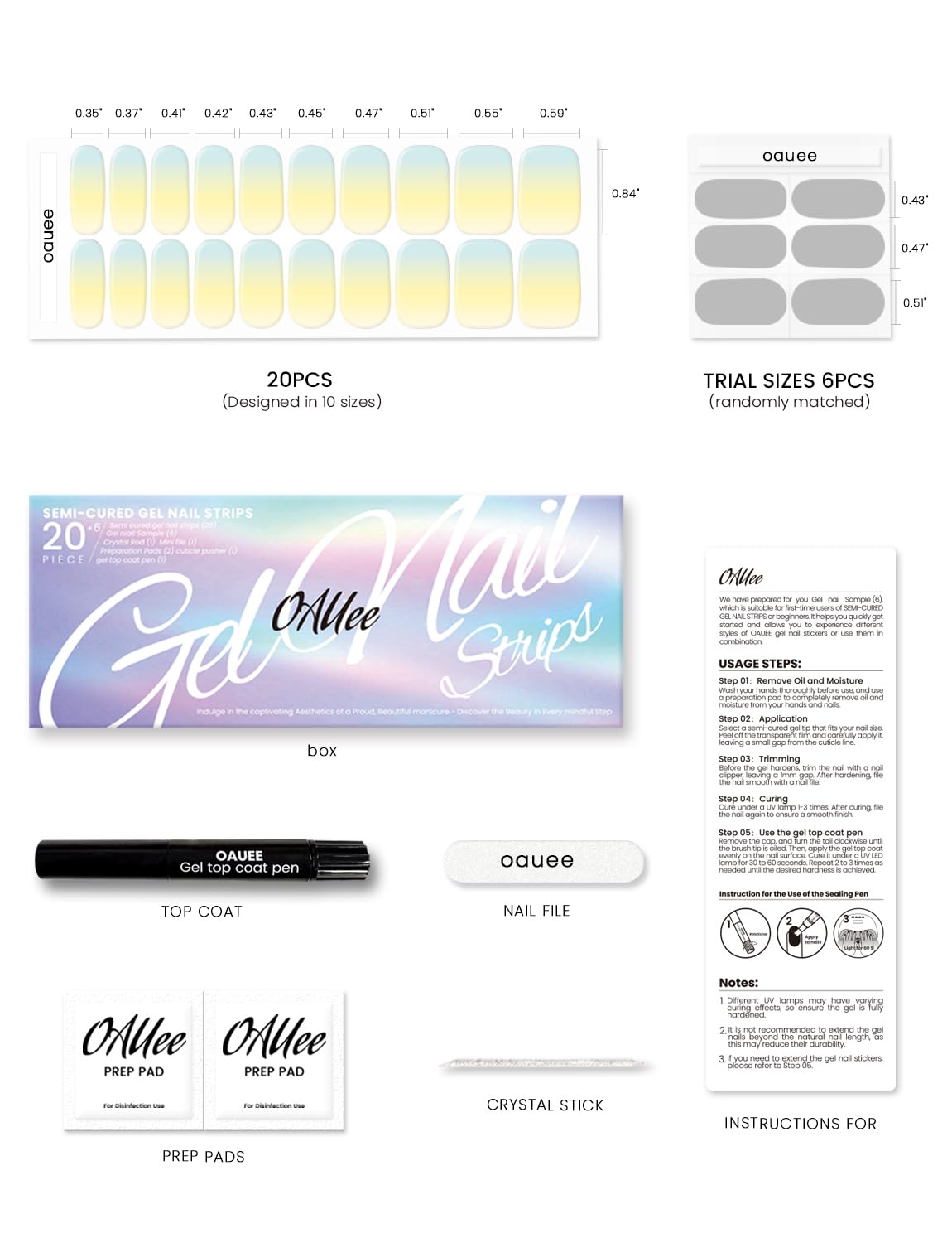 Oauee Semi Cured Gel Nail Strips | Built-In Gel Top Coat | UV Light Required | Salon Quality, Easy Application And Removal (Lemon Macaron）