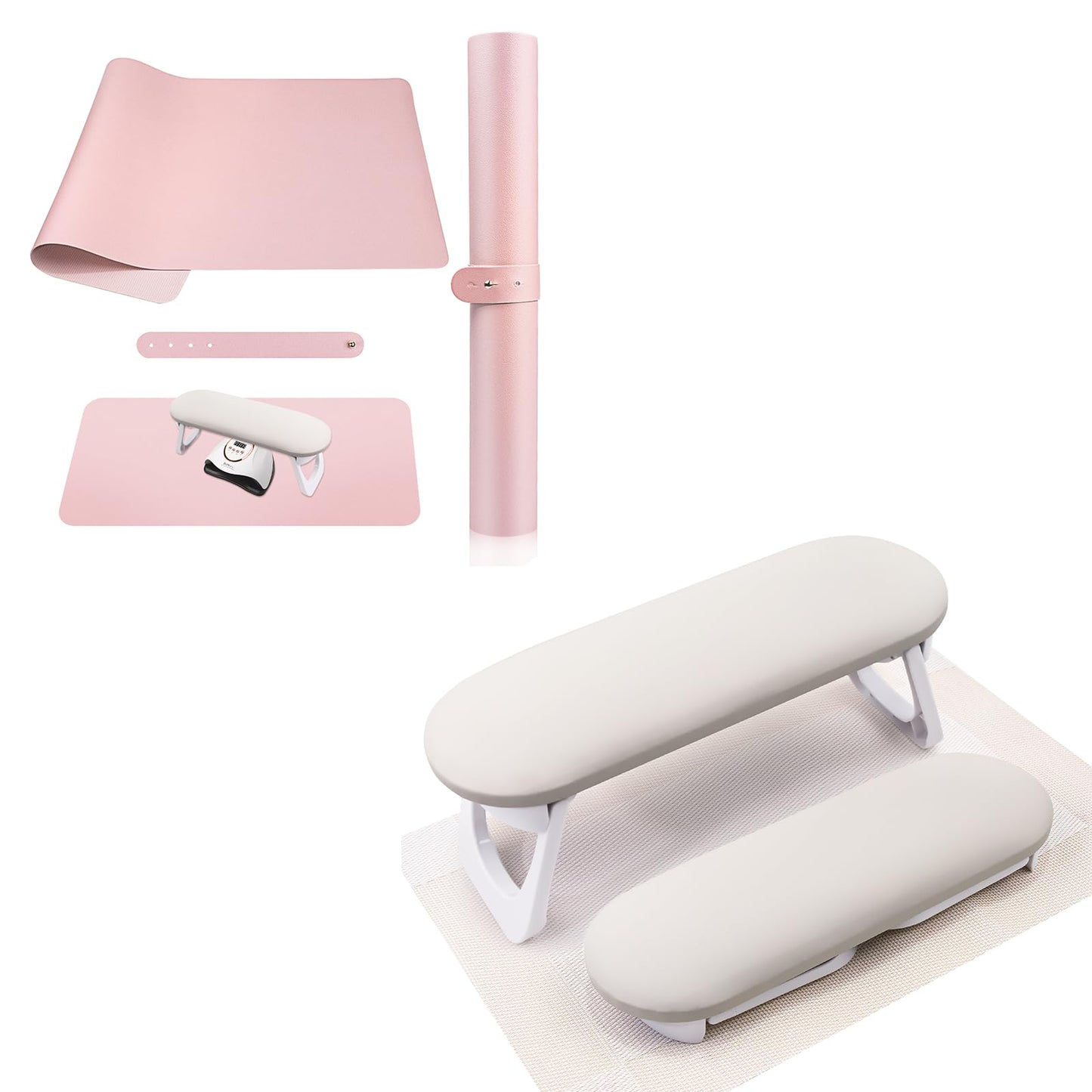 Subay Nail Art Table Mat Nail Arm Rest(Nail Hand Rest *1 & Nail Mat *1), Foldable PU Leather Nail Hand Rest for Acrylic Nails Cushion Hand Holder