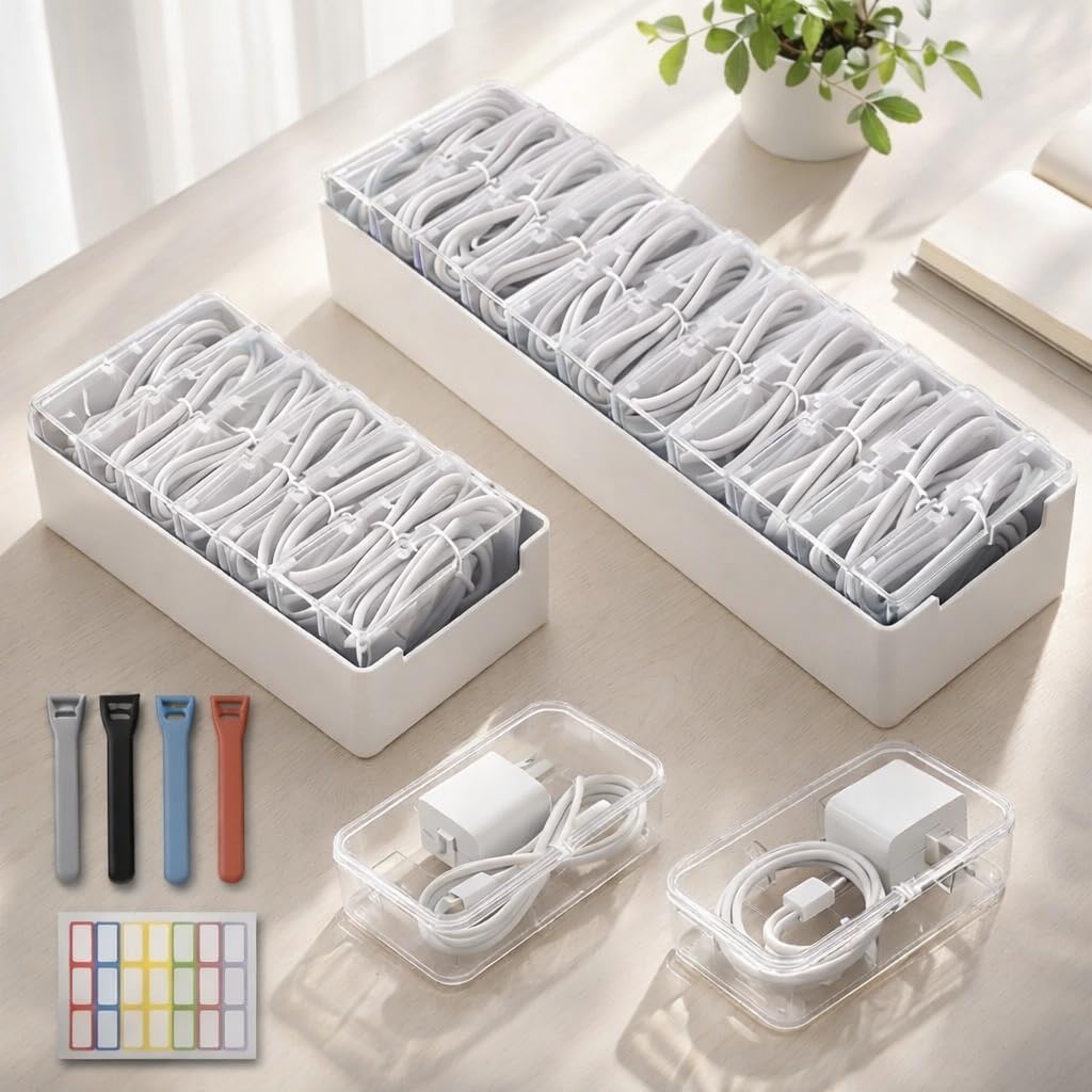 2 Pack Cable Organizer Box Set with 7 and 11 Clear Cases for Charging Cables, Chargers, Earphones and Small Accessories, Includes Cable Ties and Labels for Home, Desk and Drawer