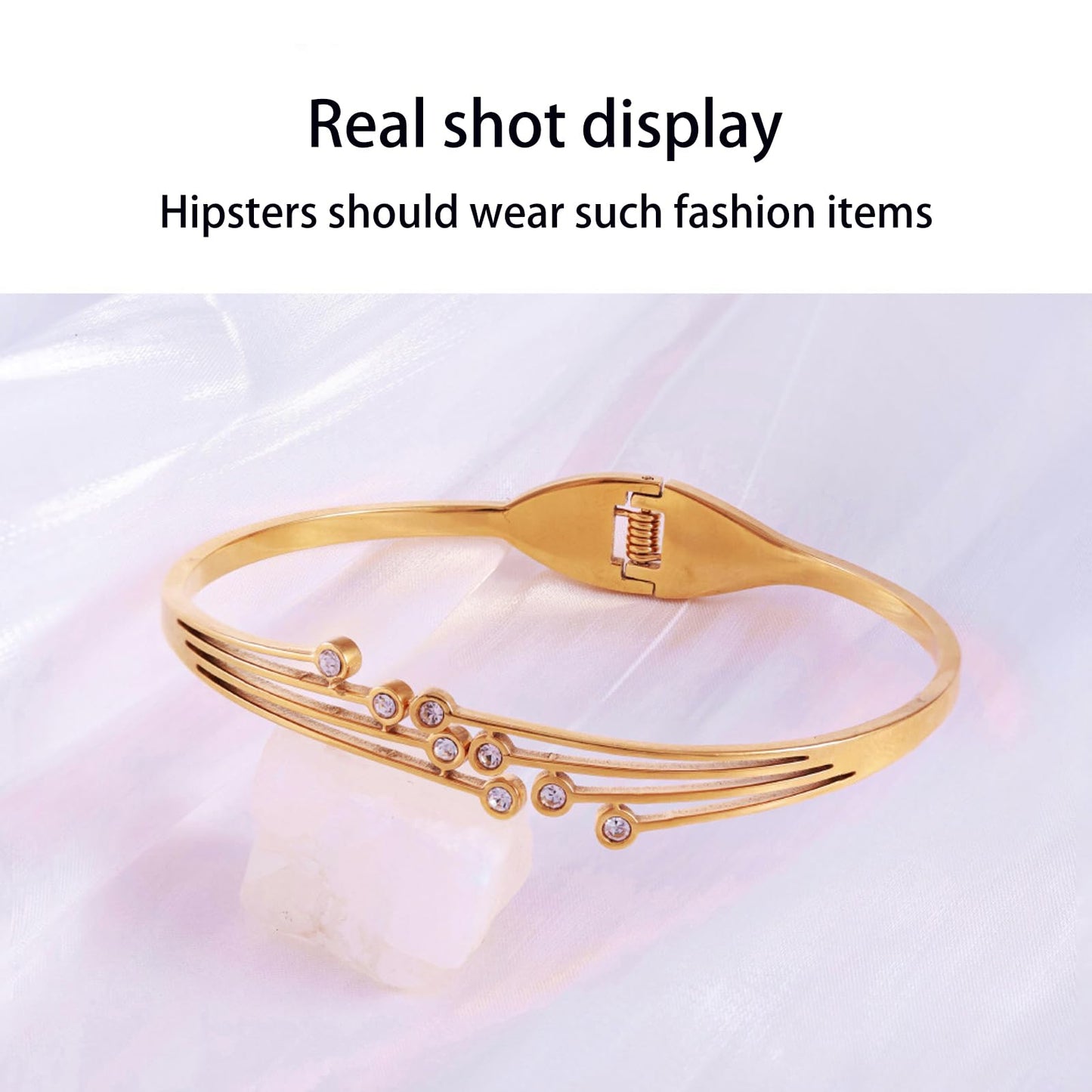 Vbvbip 18K Gold Plated 316L Stainless Steel Bangle Bracelet Collection - 12 Unique Designs + Matching Diamond-Accent Titanium Steel Chain, Gift for Women