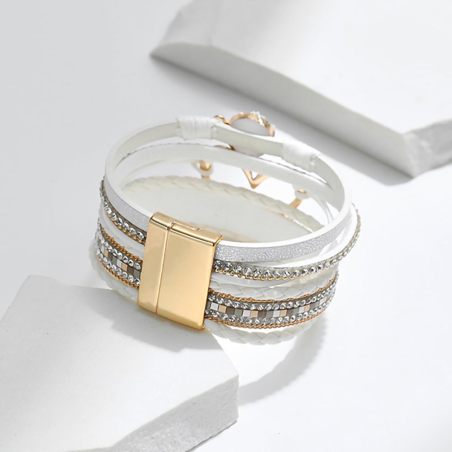 Leopard Bracelet for Women, Boho Leather Wrap Multi-Layer Pearl Crystal Bracelet Bangle Jewelry (Heart Leather(White))