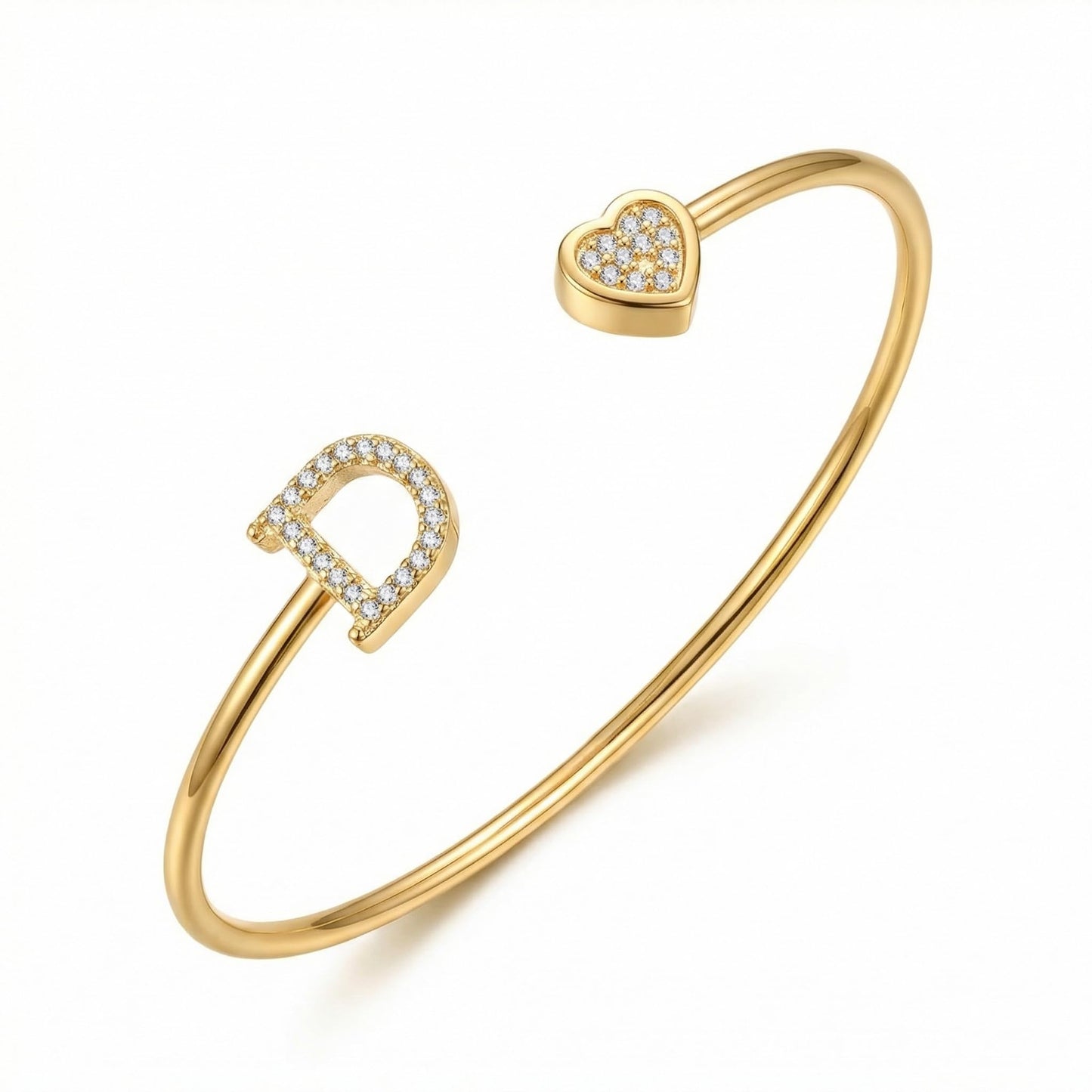 BXDA Trendy Gold Plated Heart Initial D Cuff Bangle Bracelet for Women, Handmade Statement Cubic Zirconia Stackable Open Letter Bracelets Fashion Jewelry Accessories Gift