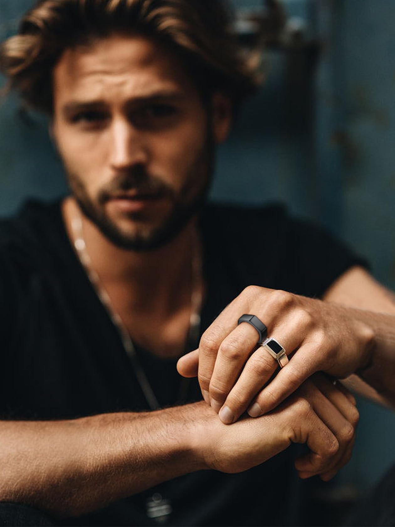ChainsHouse Personalized Engravable Stainless Steel Black Hexagon Geometric Biker Ring Bands, Size 7