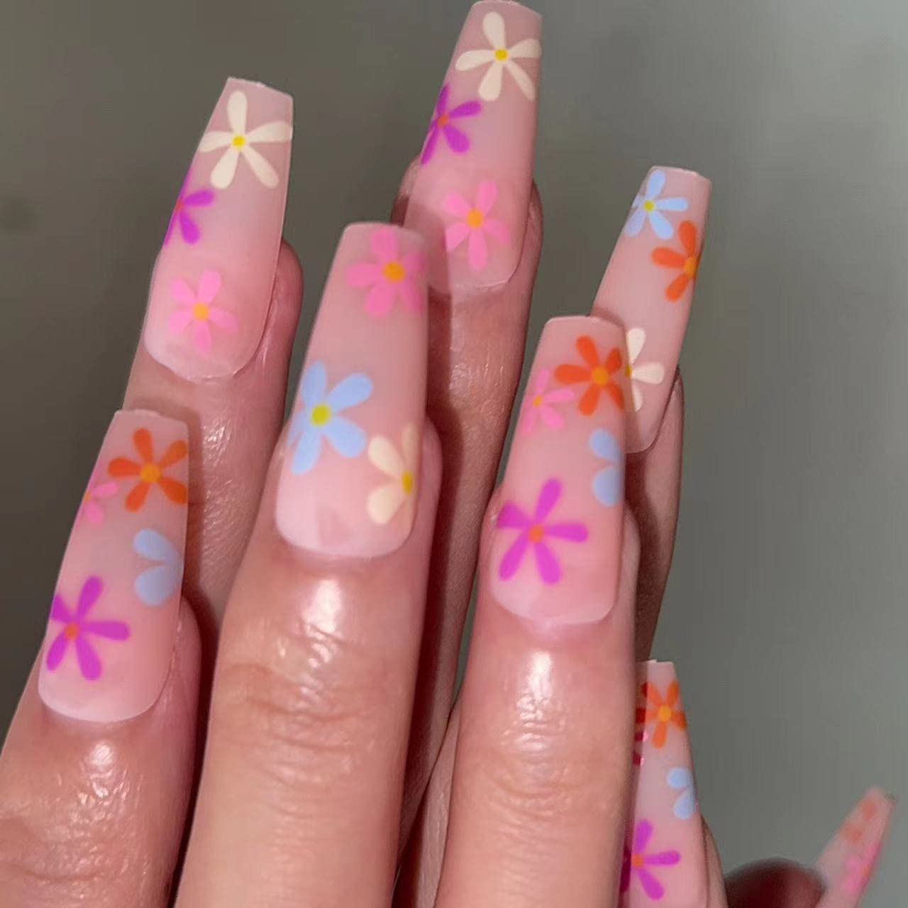 BABALAL Matte Press on Nails Long Coffin Fake Nails Pink Glue on Cute Acrylic False Nails with Flower Design for Women and Girls