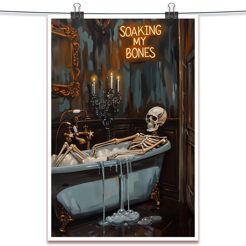 Soaking My Bones Wall Art Horror Halloween Decor Skeleton Bathtub Poster Moody Print Dark Academia Canvas Spooky Gothic Artwork Victorian Painting Bathroom Living 16x24inch Unframed