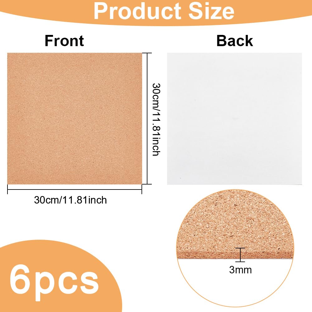 BENECREAT 6 Pack 12x12 Back-Adhesive Cork Sheets 3mm Thick Rectangle Insulation Cork Backing Sheets for Coaster, Wall Decoration, Wedding Party, Festival DIY Crafts Supplies