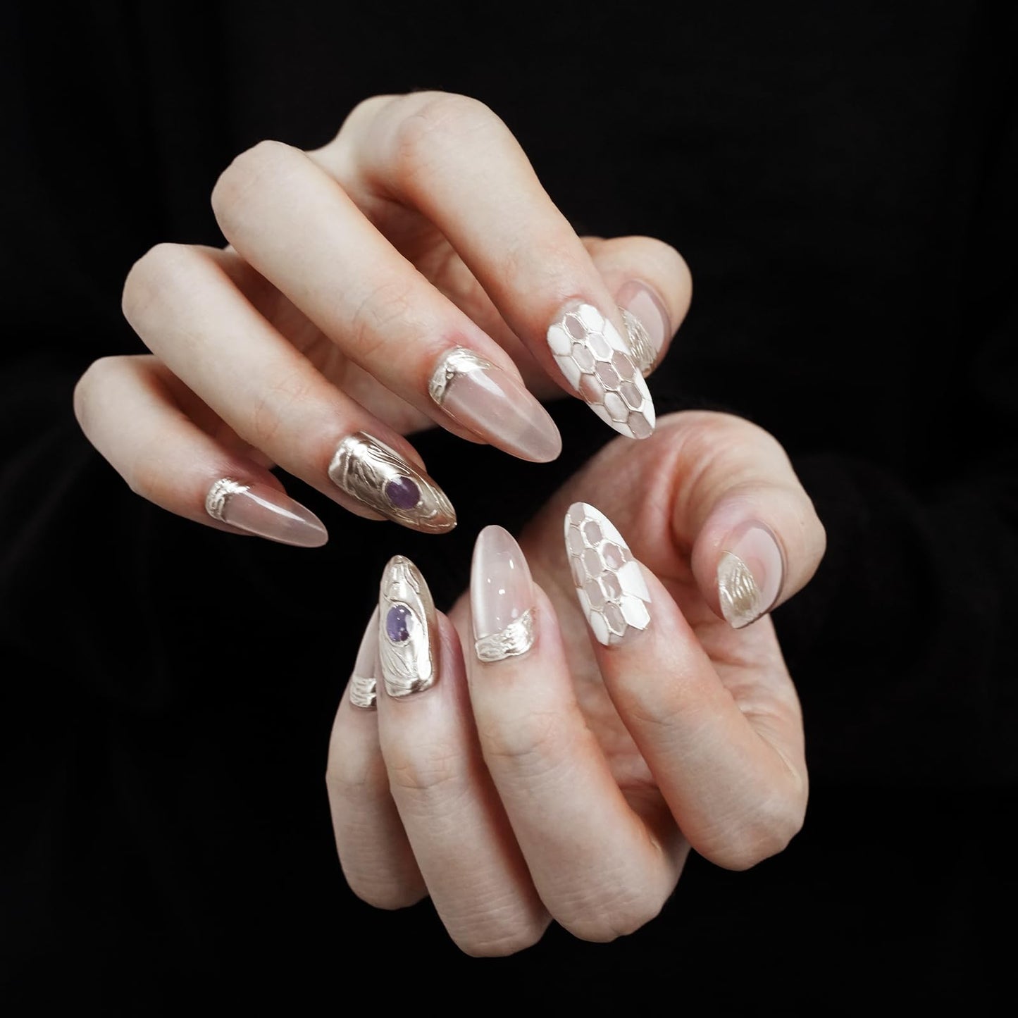 Belleruta Press On Nails Kit, Exquisite Rose Gold Gemstone, Short Almond Fake Nail Tips, 30 PCS Nails Press Ons with Glue and Gel