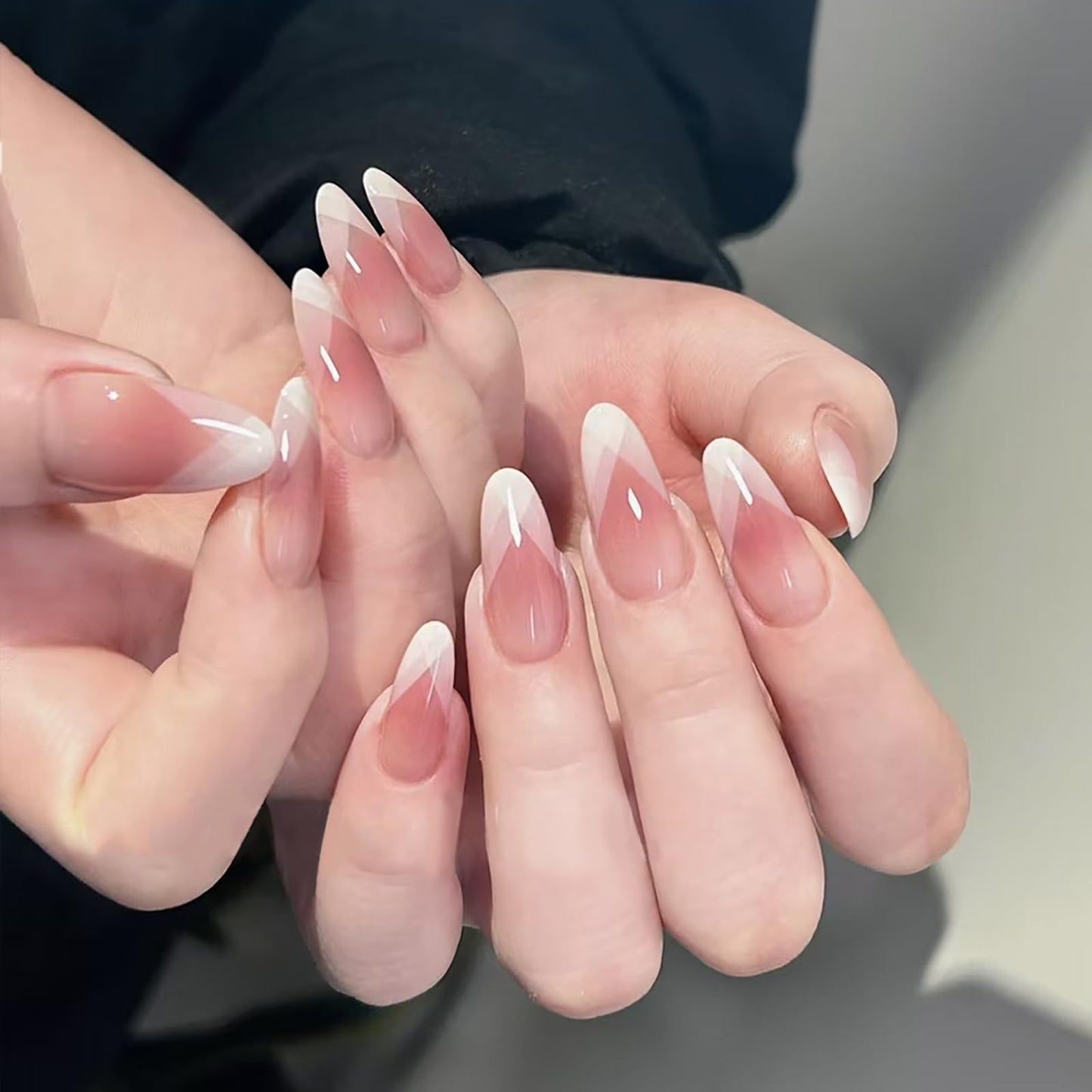 French Tip Press on Nails Medium Almond Fake Nails Nude Pink White Nails Press ons Acrylic Nails False Glossy Cute Full Cover Artificial Stick on Nails for Women Girls 24 Pcs
