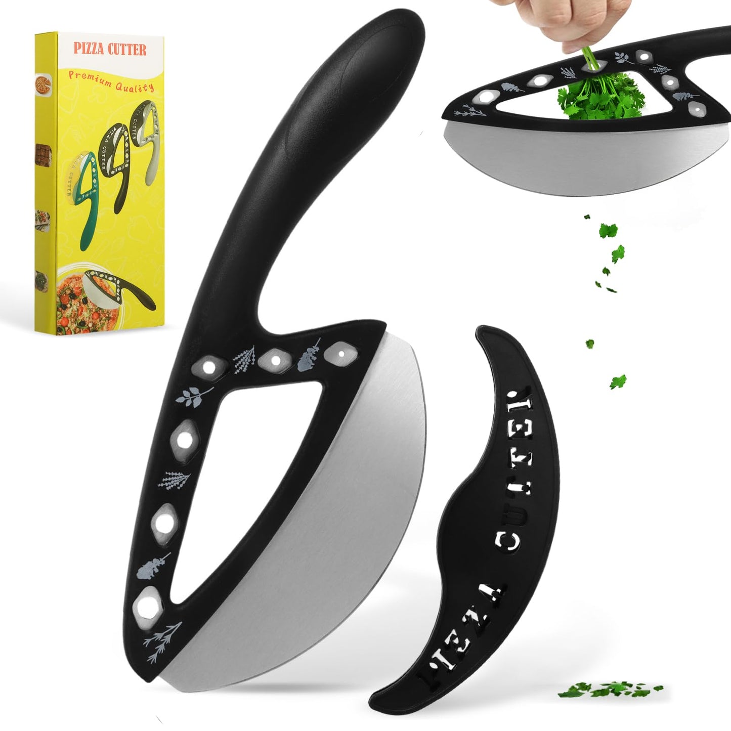 2-in-1 Pizza Cutter Rocker Blade with Herb Stripper Holes, Sharp Stainless Steel Pizza Knife with Protective Cover, Dishwasher Safe,Herb Stripping Tool for Basil,Rosemary