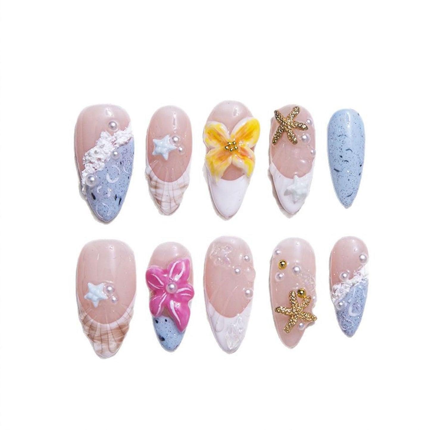 Handmade Press on Nails Medium Almond Nails with Glue,Shell French Tip Fake Nails with 3D Floral Design Ocean Nails Press ons Nude Pink False Nails Muti-Layer Gel Acrylic Nails for Women (Size S)