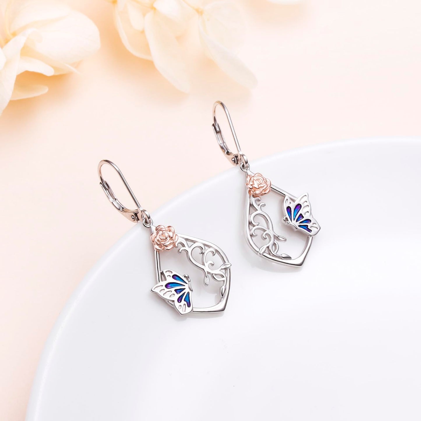 SHAOAN Butterfly Rose Dangle Drop Earrings 925 Sterling Silver Leverback Earring Jewelry Gifts for Women
