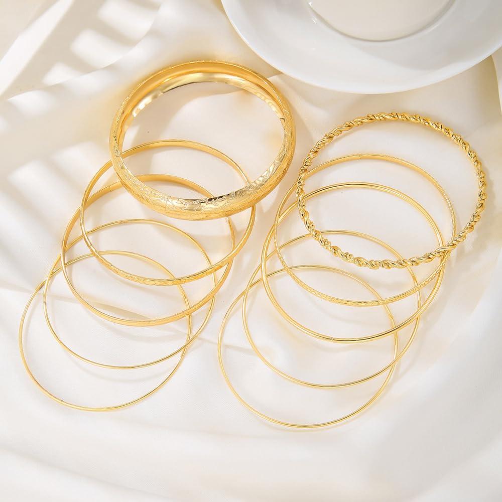 RINTOLER 10Pcs Chunky Gold Bangle Bracelets for Women - Multi Layer Stackable Textured Bracelets Indian Bangles Boho Jewelry Set (E-7PC-Gold)