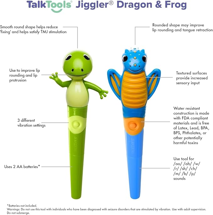 TalkTools Jiggler - Oral Facial Massager - Sensory Awareness Tool for Jaw and Lips | Improve Speech and Feeding Skills | Calming Motor for Kids - Dragon/Frog - Set of 2