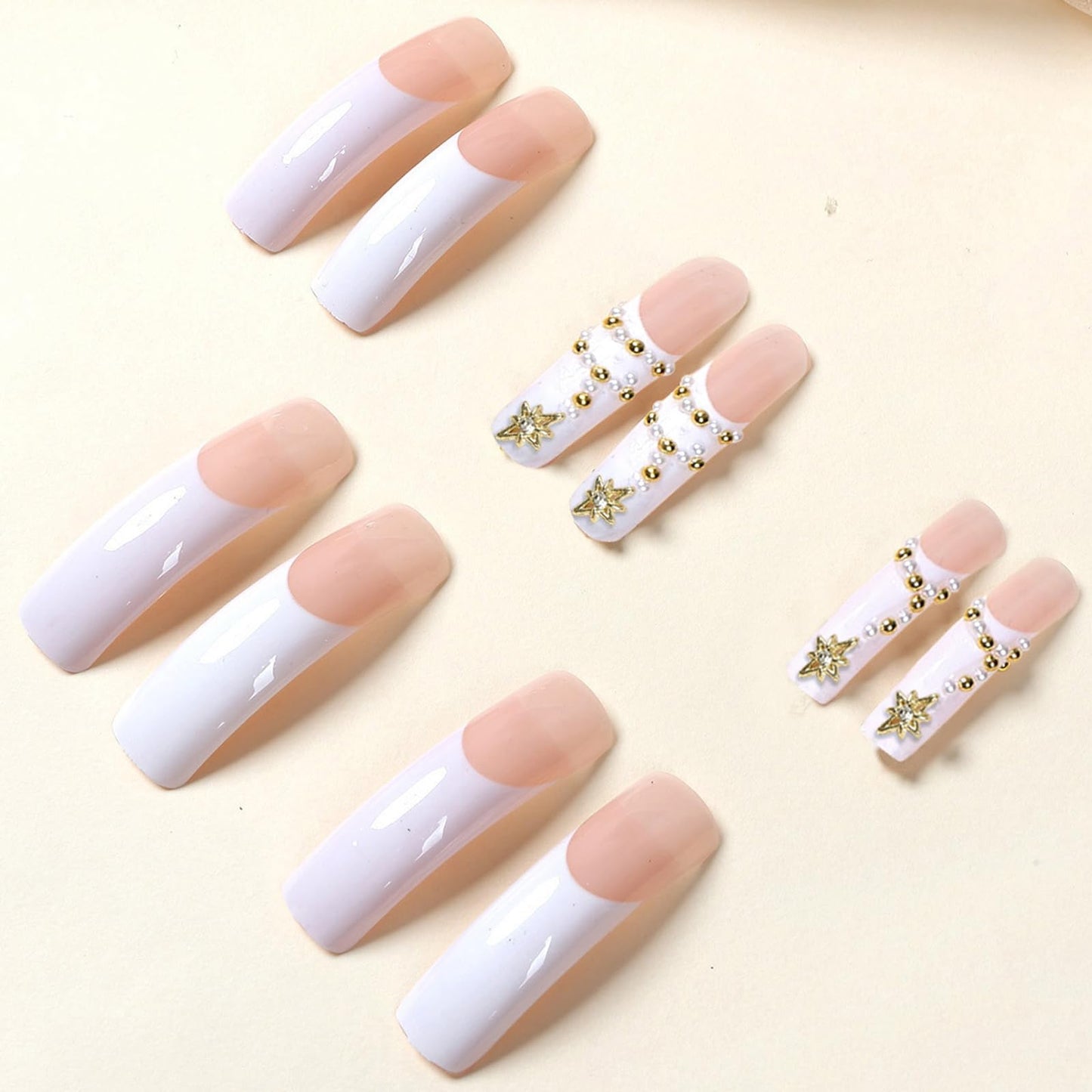 IMSOHOT Curved Press on Nails White French Tip Fake Nails Extra Long Square False Nails with Golden Charms Design Glossy Acrylic Full Cover Stick on Nails for Women Manicure 20Pcs