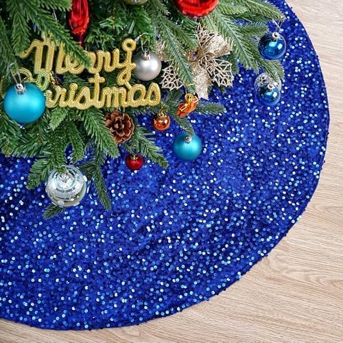 Small Sequin Christmas Tree Skirt: 24 Inches Mini Tree Skirts - Royal Blue Glitter Velvet Tree Skirt for 4ft Tree Decorations