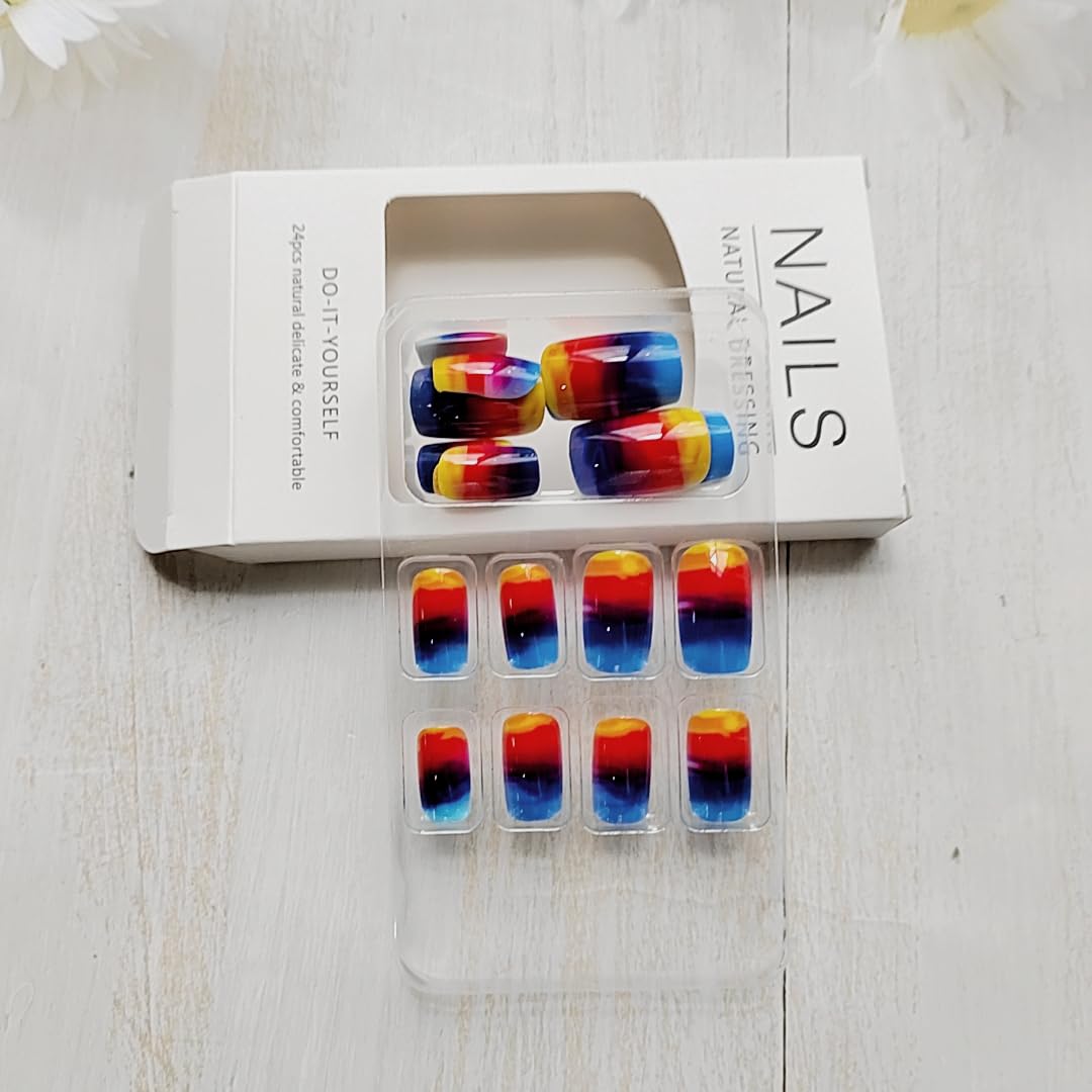 Short Press On Nails Square Fake Nails with Sunset Blending Designs - Full Cover Blue Gradient Glue On Nails - Glossy Acrylic Press Ons Fake Nails Spring Summer Stick on Nails for Women - 24 Pcs