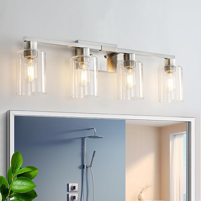SOPEAS 4 Light Bathroom Light Fixtures, Brushed Nickel Modern Bathroom Vanity Light with Clear Glass Shade, Bathroom Lighting Fixtures Over Mirror, Vanity Lights for Bathroom Mirror