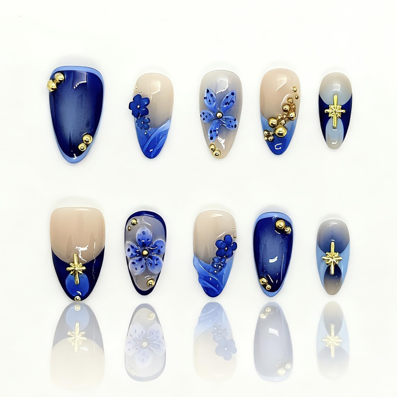 Reusable Press On Nails for Women & Girls - Short Almond Shape, Green Gradient with 3D Hand-Sculpted Florals, Holiday Party Manicure (A-Dark Blue Short, L)
